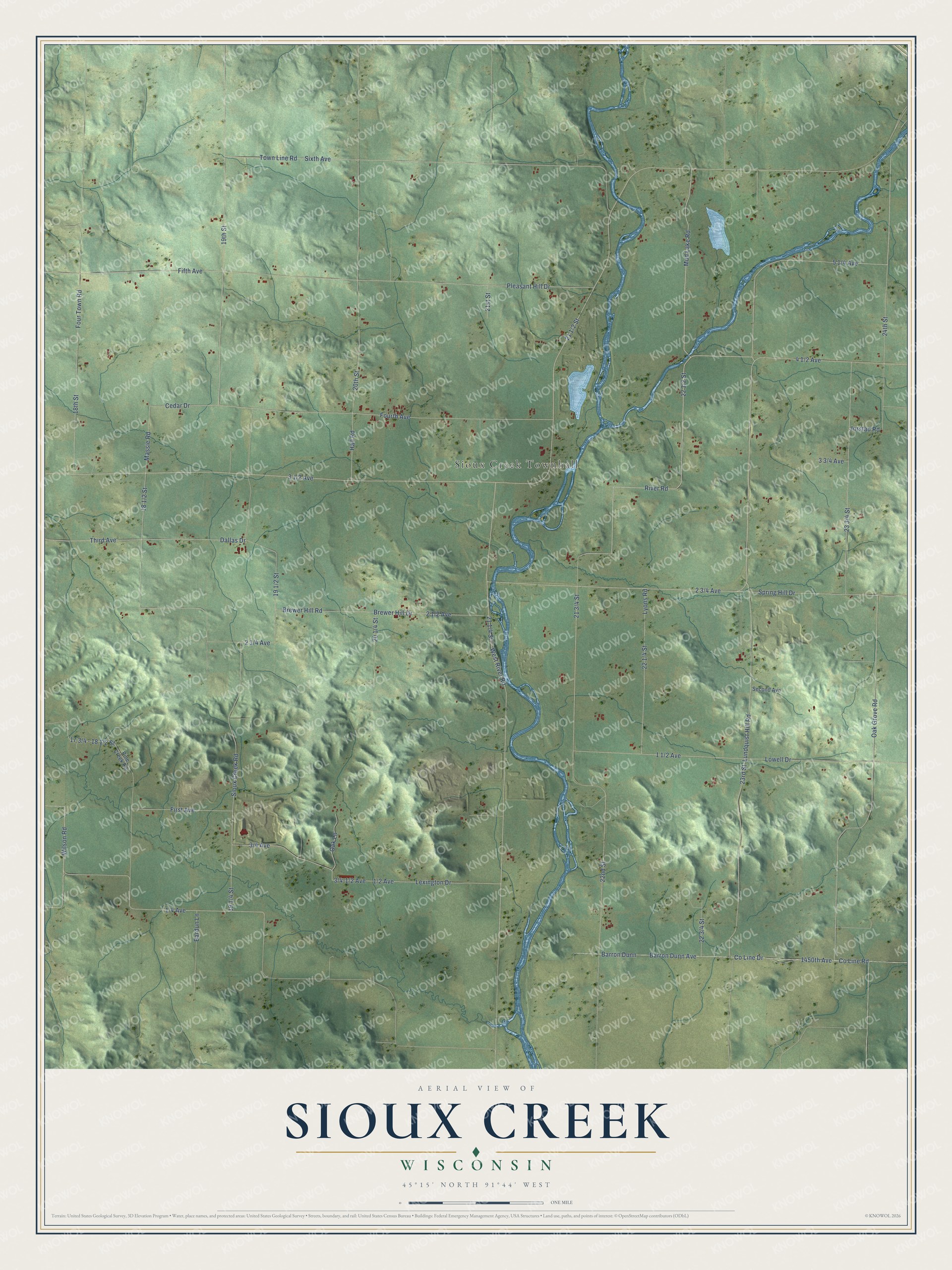 Full map of Sioux Creek, Wisconsin, with red buildings, printed street names and the land around them