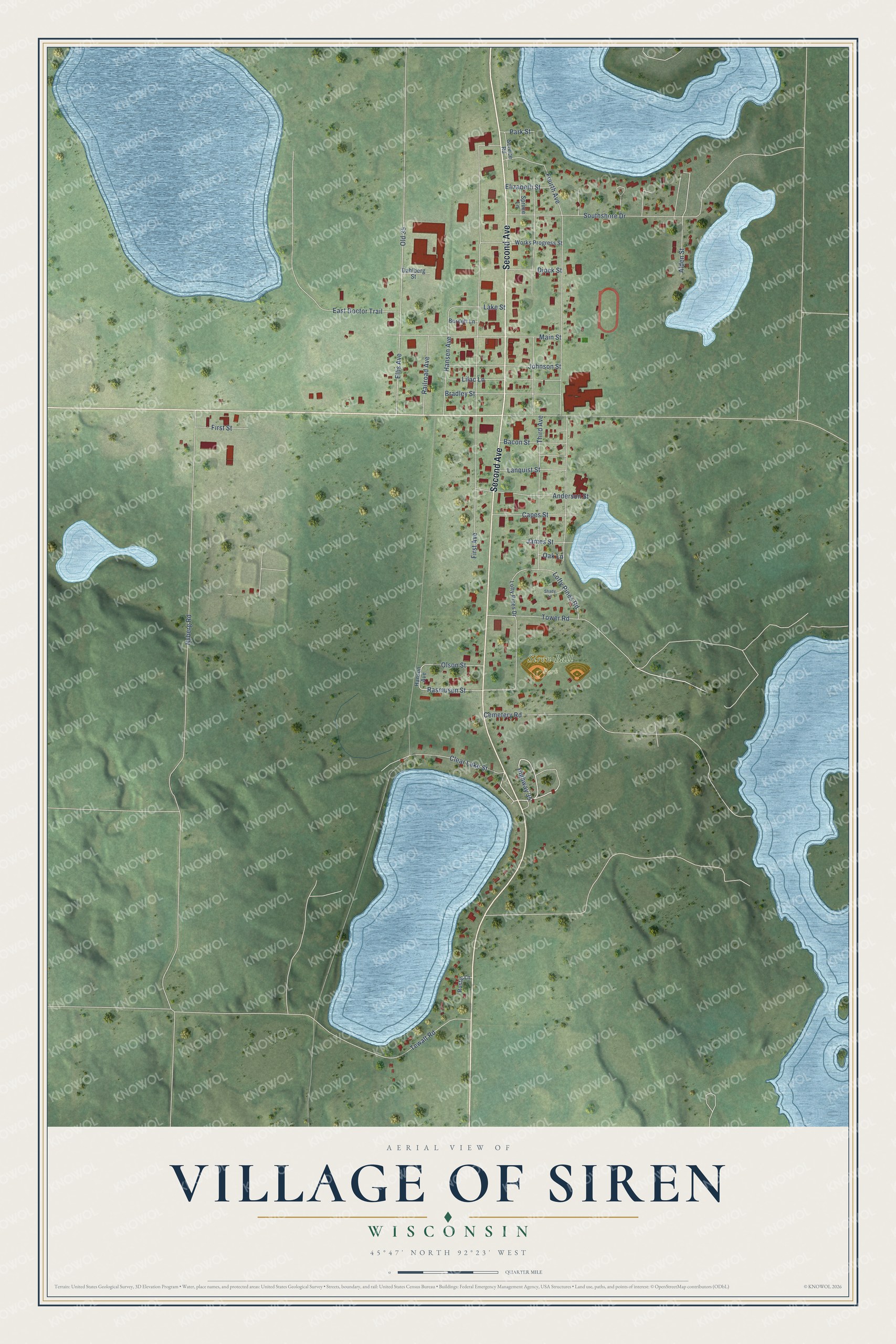 Full map of Siren, Wisconsin, with red buildings, printed street names and the land around them