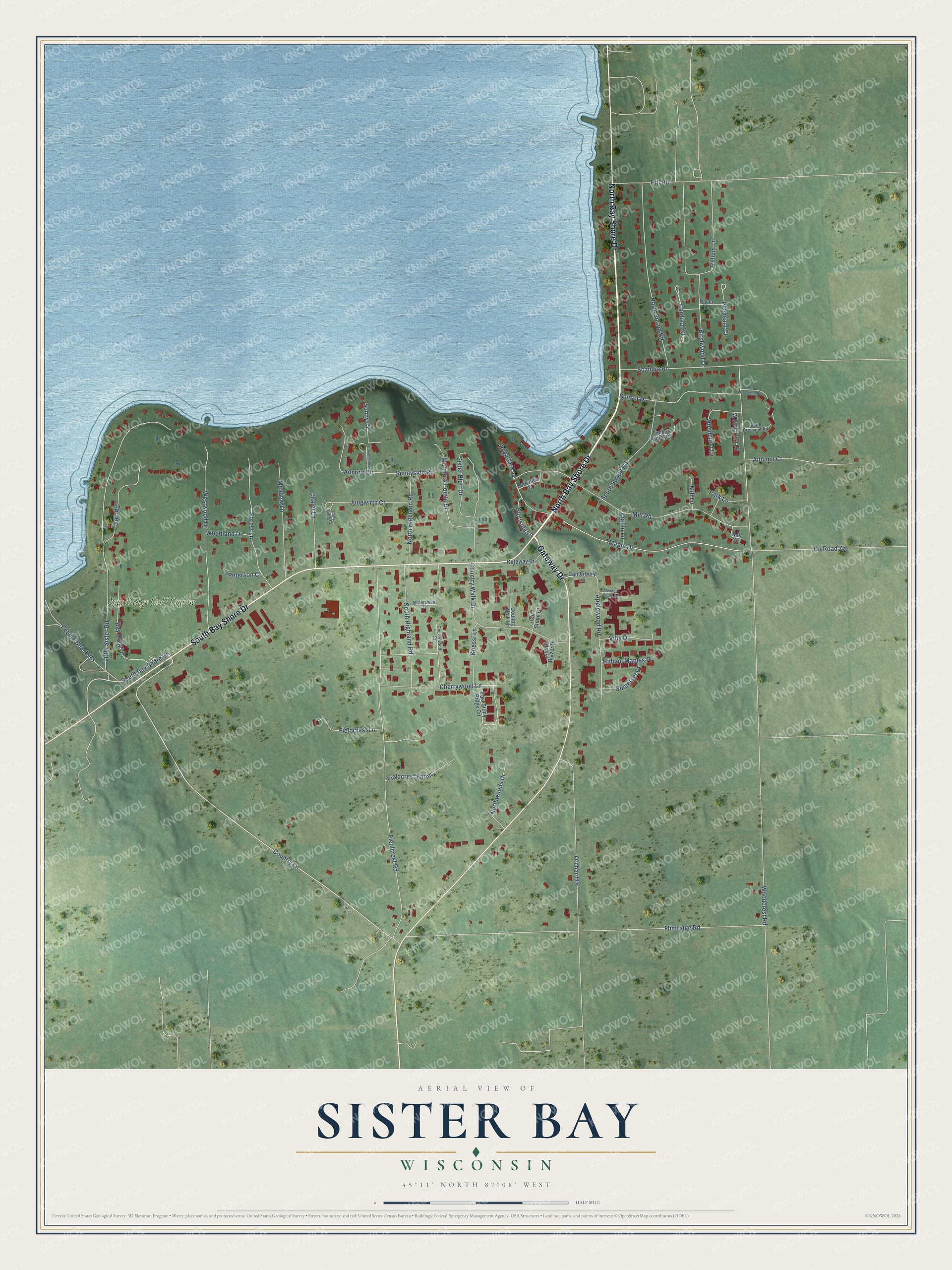 Full map of Sister Bay, Wisconsin, with red buildings, printed street names and the land around them
