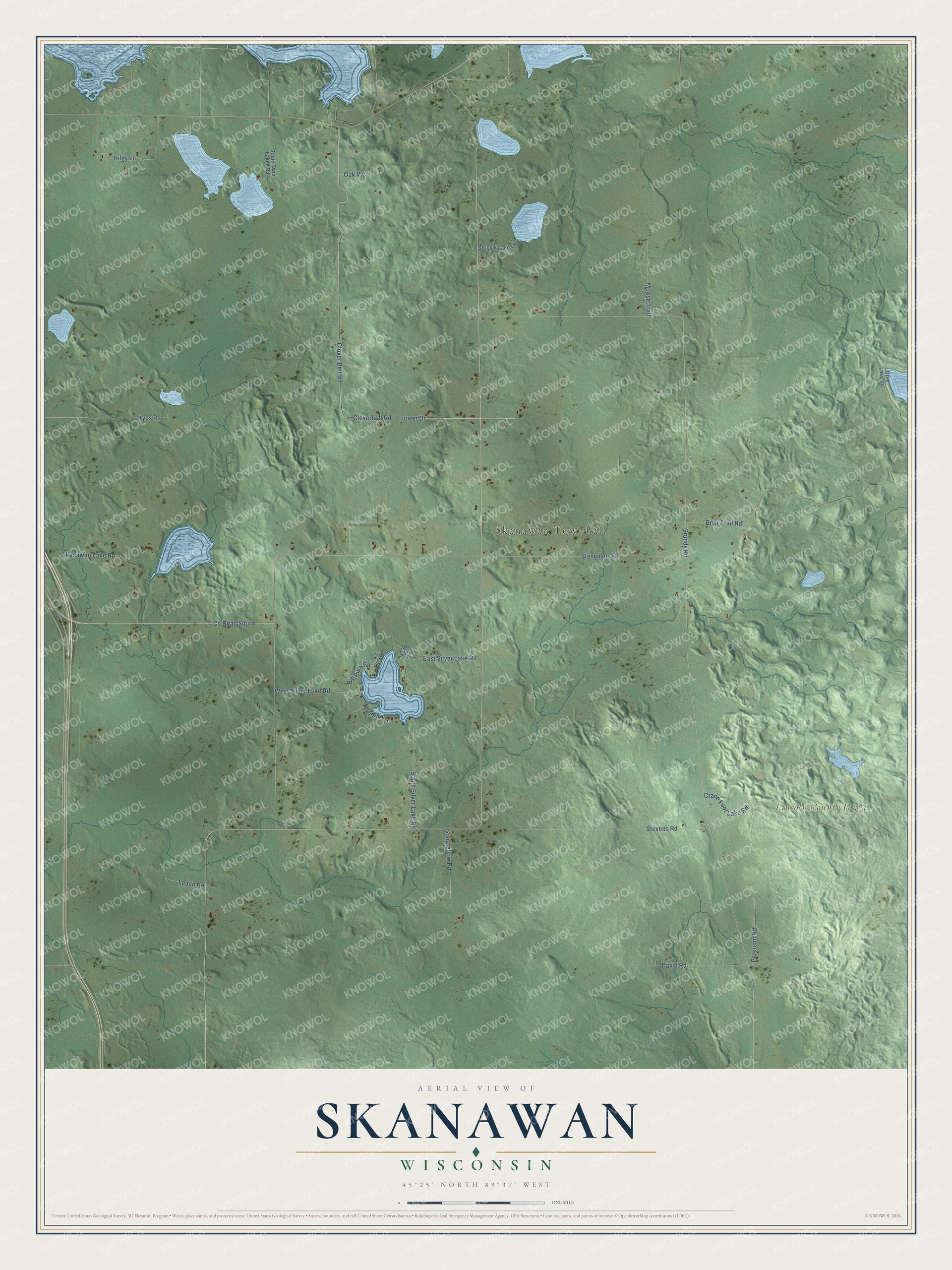 Full map of Skanawan, Wisconsin, with red buildings, printed street names and the land around them