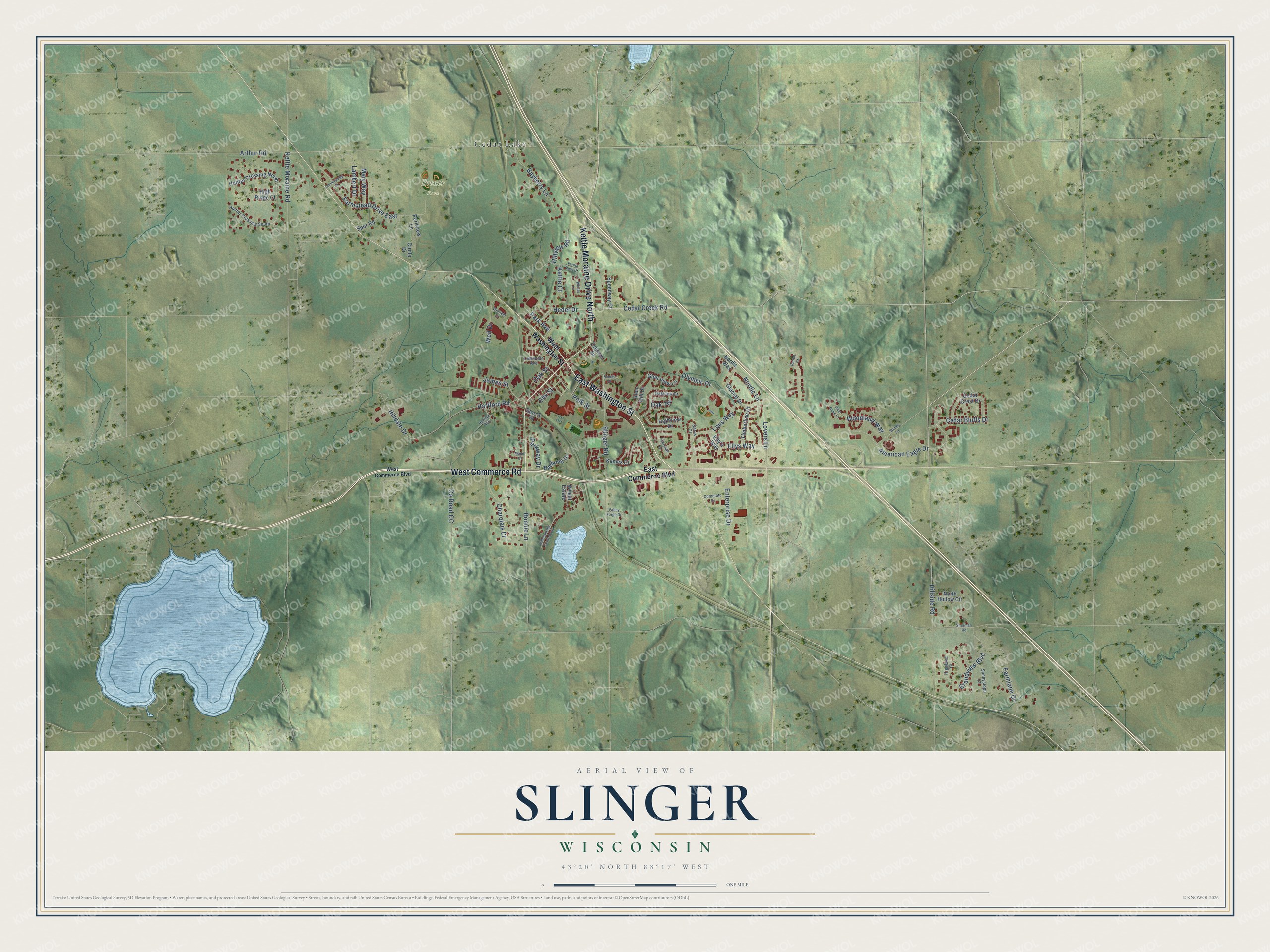 Full map of Slinger, Wisconsin, with red buildings, printed street names and the land around them