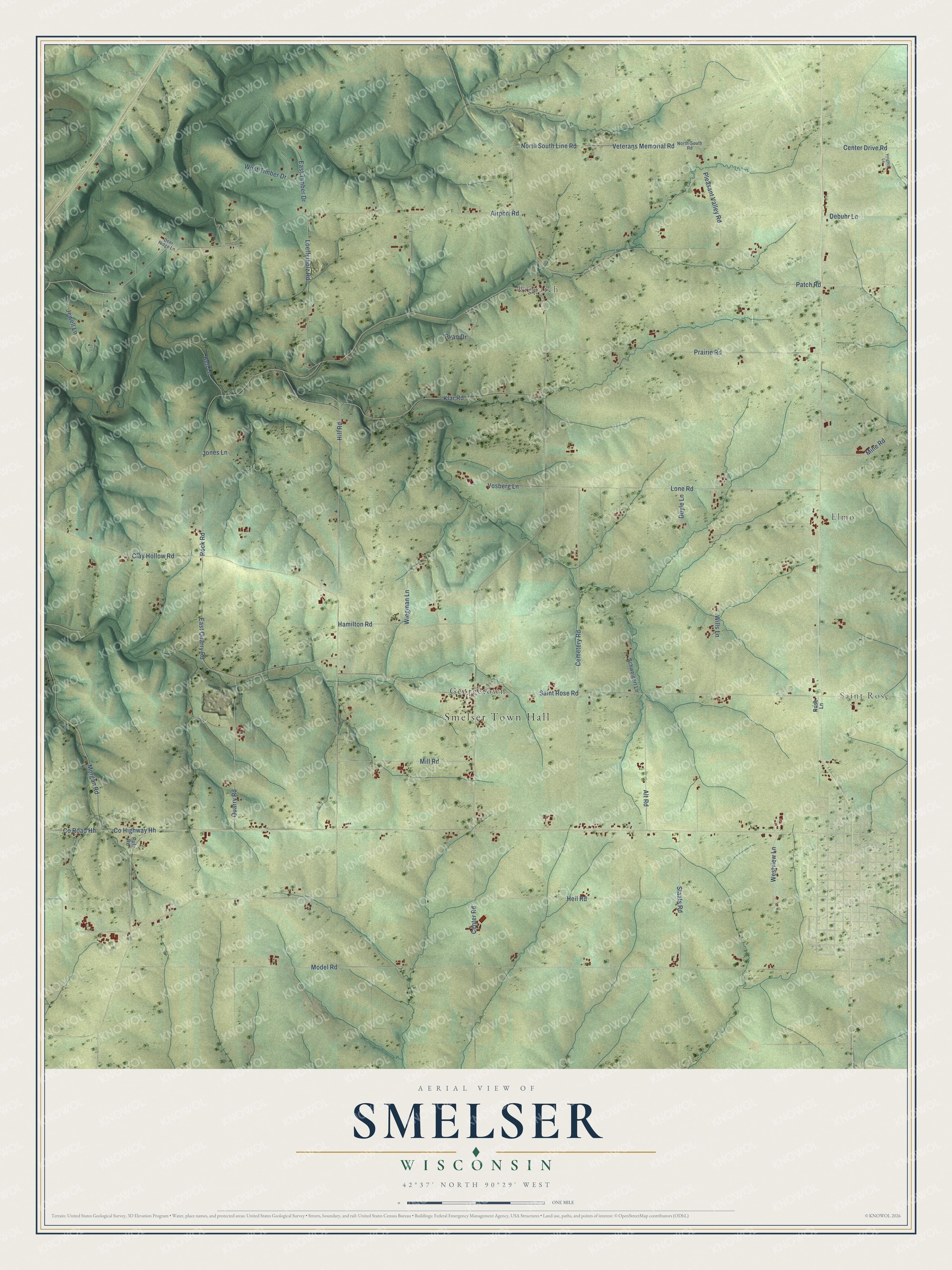 Full map of Smelser, Wisconsin, with red buildings, printed street names and the land around them