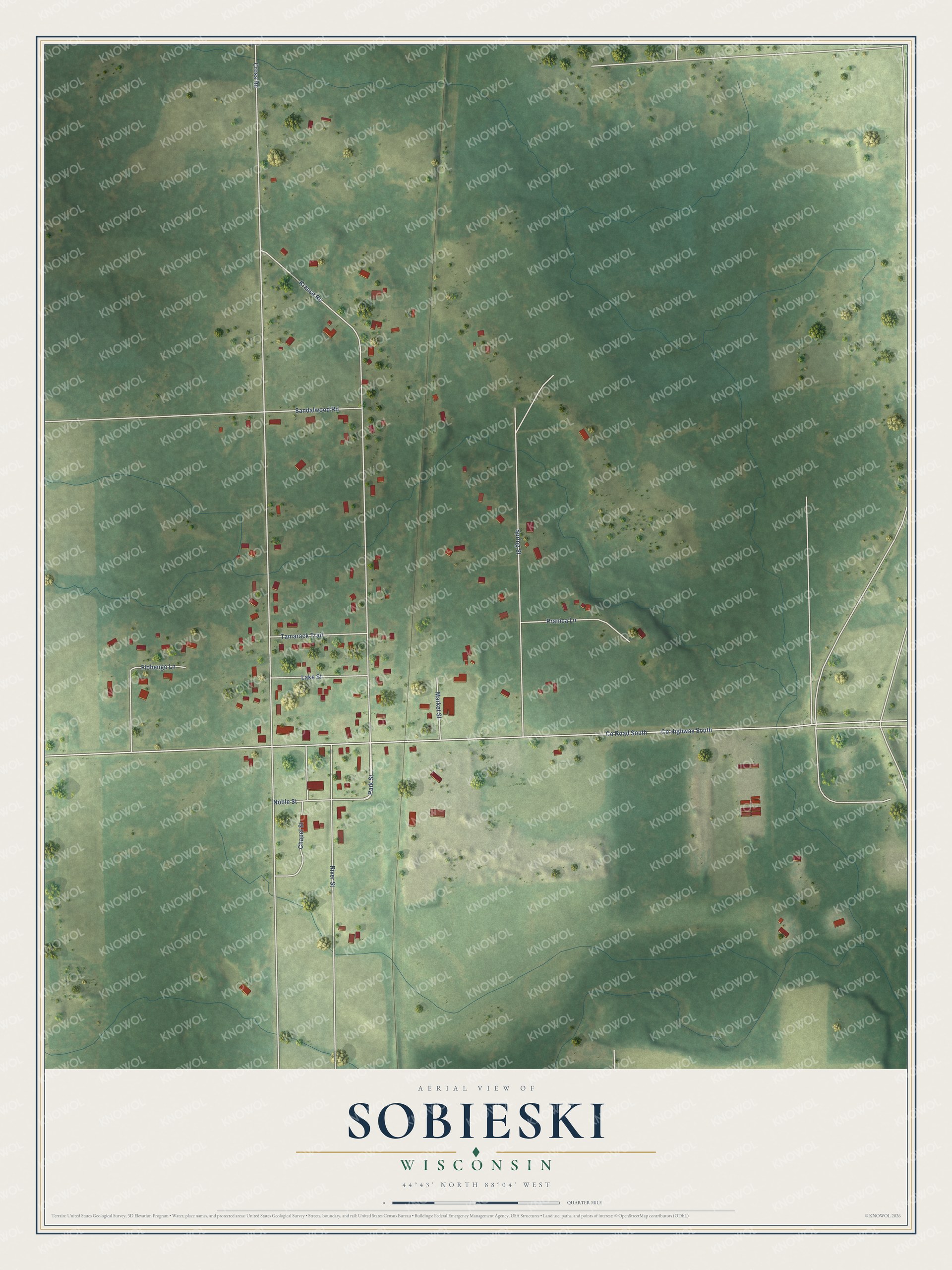 Full map of Sobieski, Wisconsin, with red buildings, printed street names and the land around them
