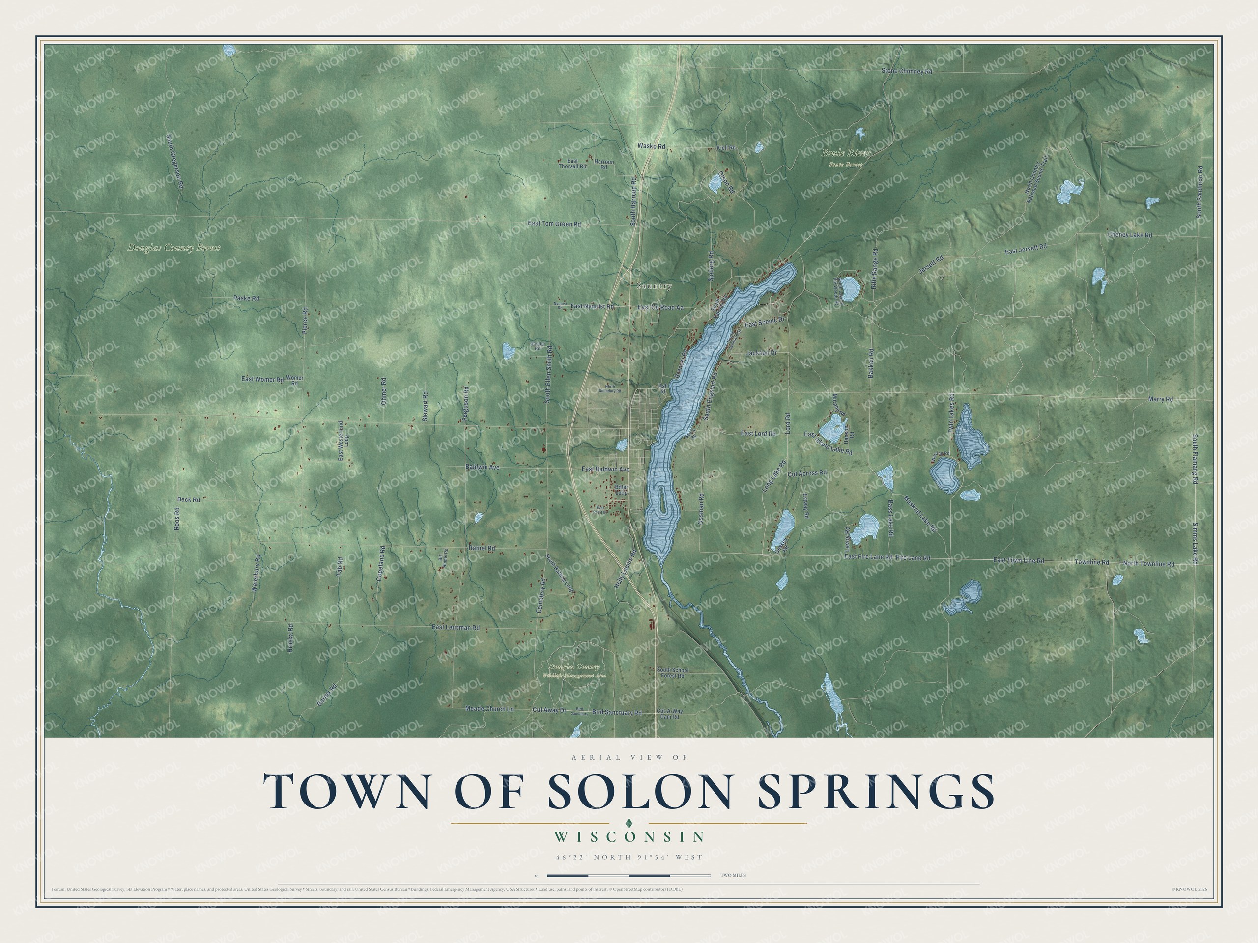 Full map of Solon Springs, Wisconsin, with red buildings, printed street names and the land around them