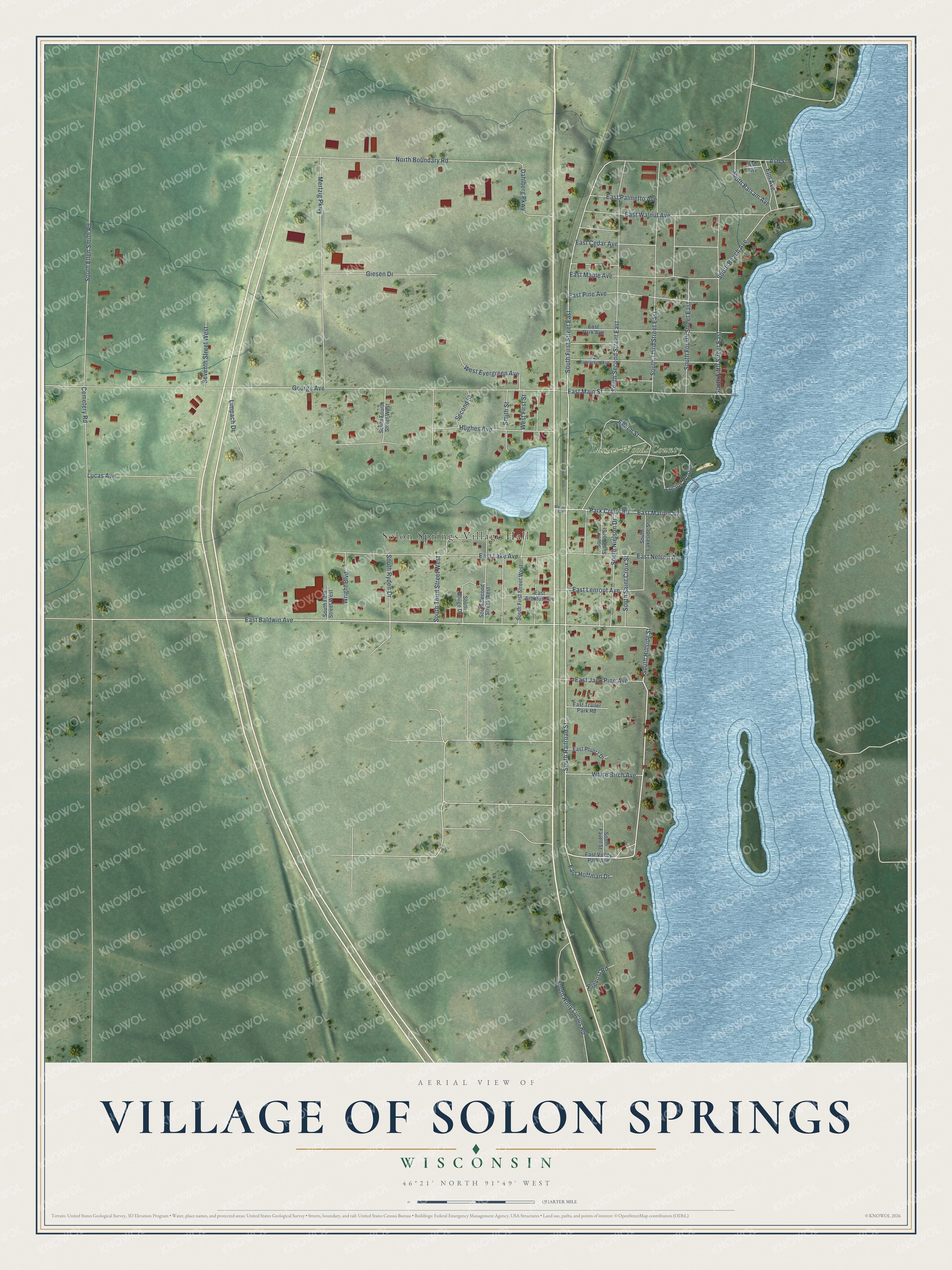 Full map of Solon Springs, Wisconsin, with red buildings, printed street names and the land around them