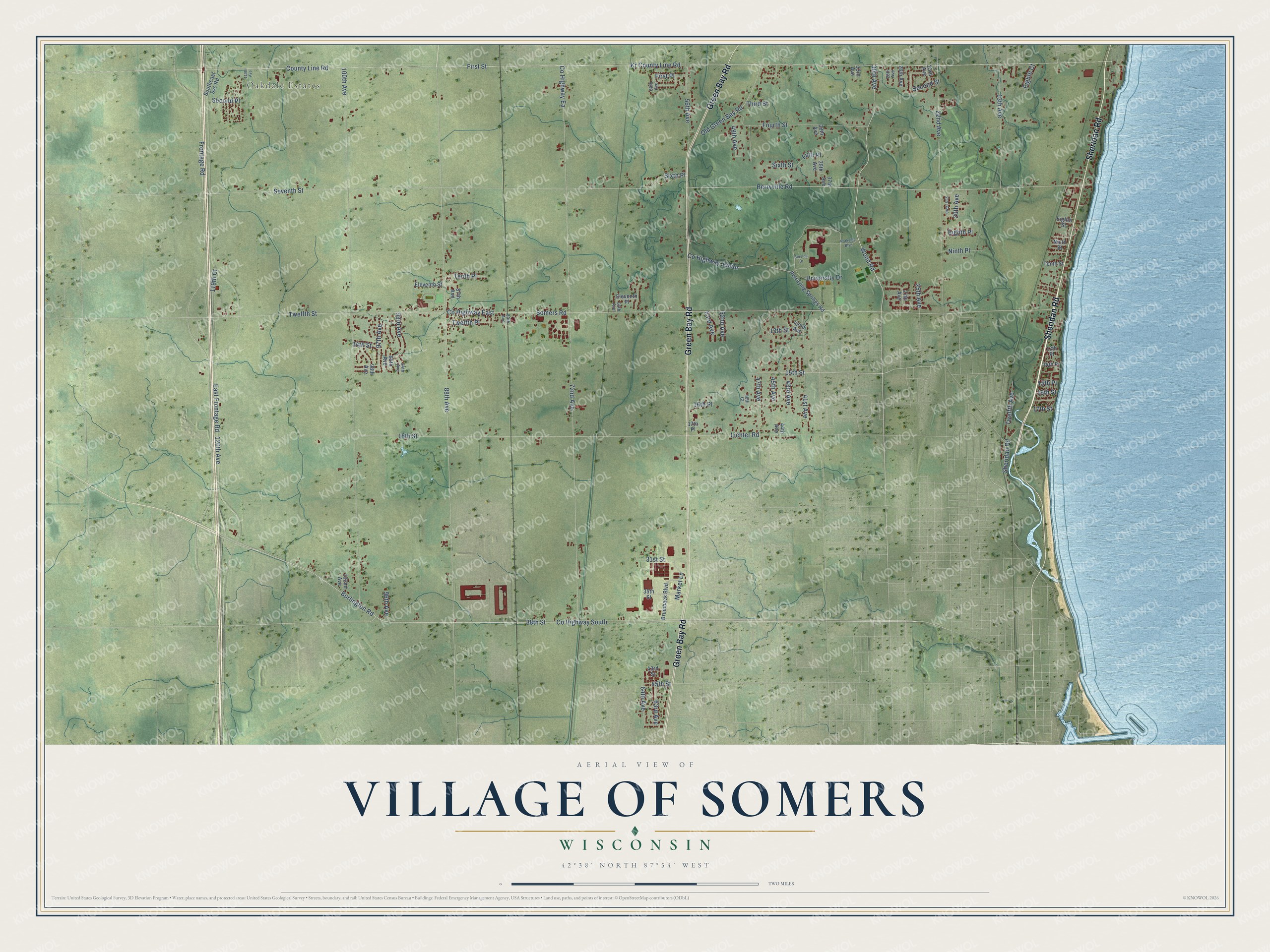 Full map of Somers, Wisconsin, with red buildings, printed street names and the land around them