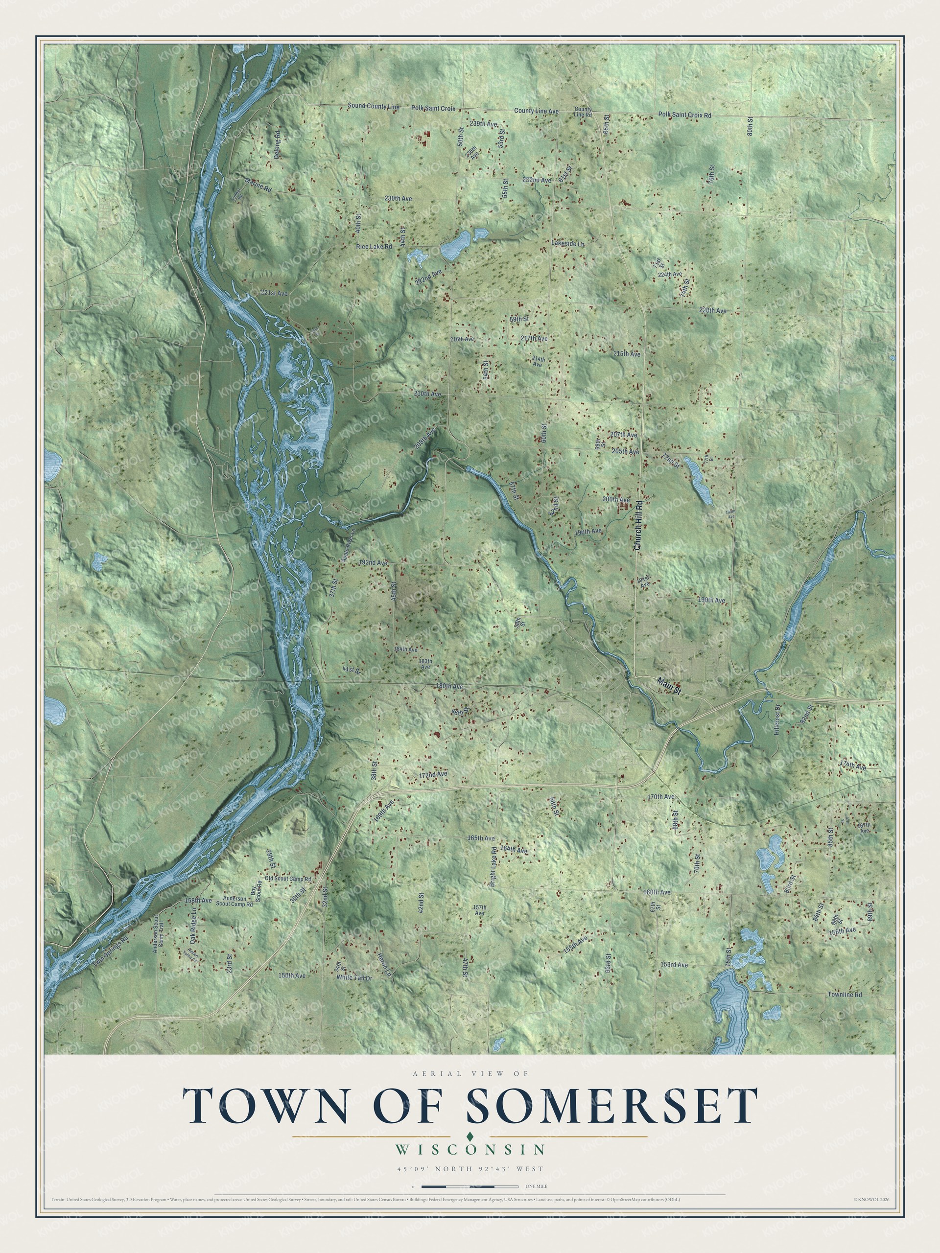 Full map of Somerset, Wisconsin, with red buildings, printed street names and the land around them