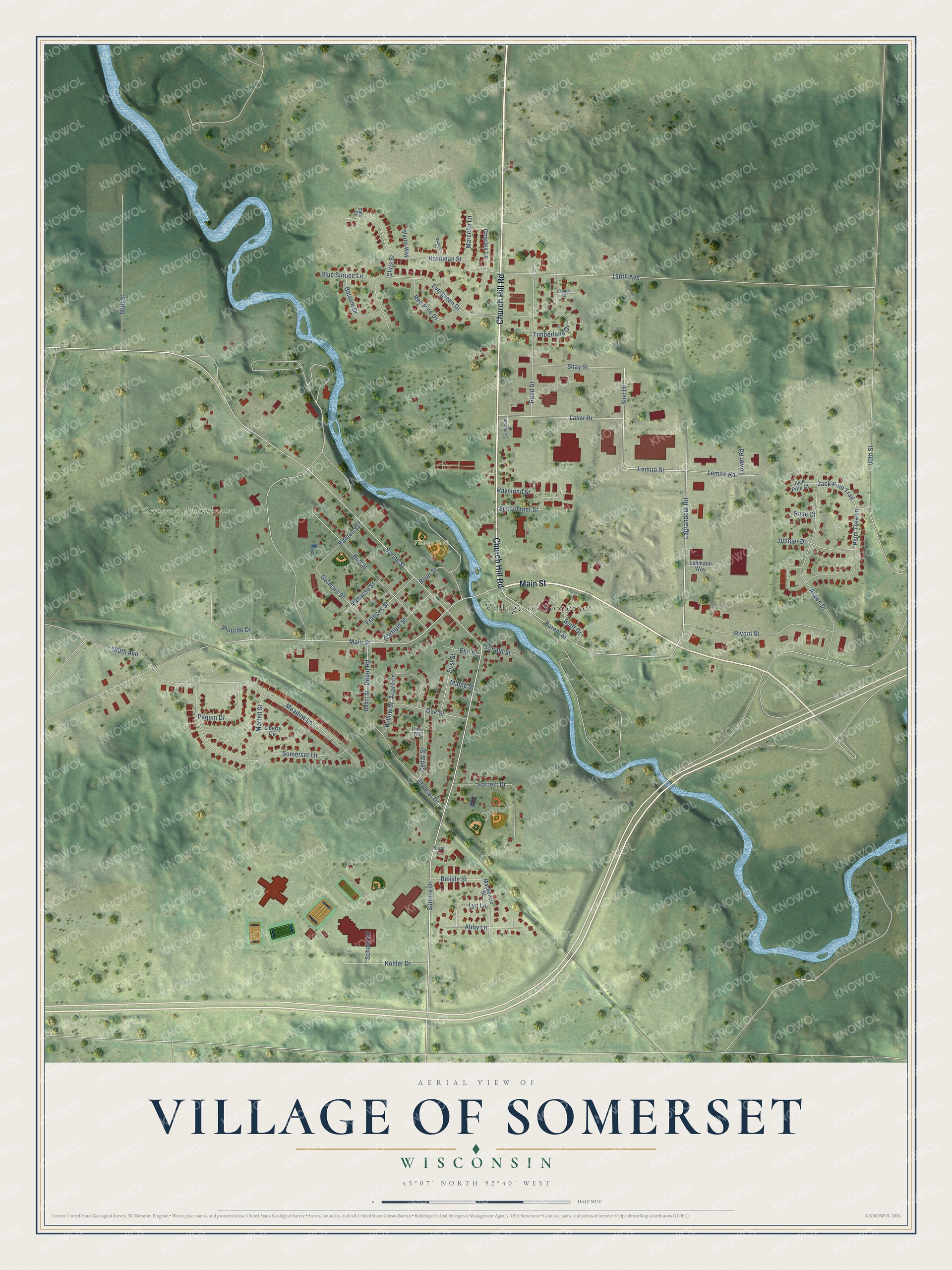 Full map of Somerset, Wisconsin, with red buildings, printed street names and the land around them