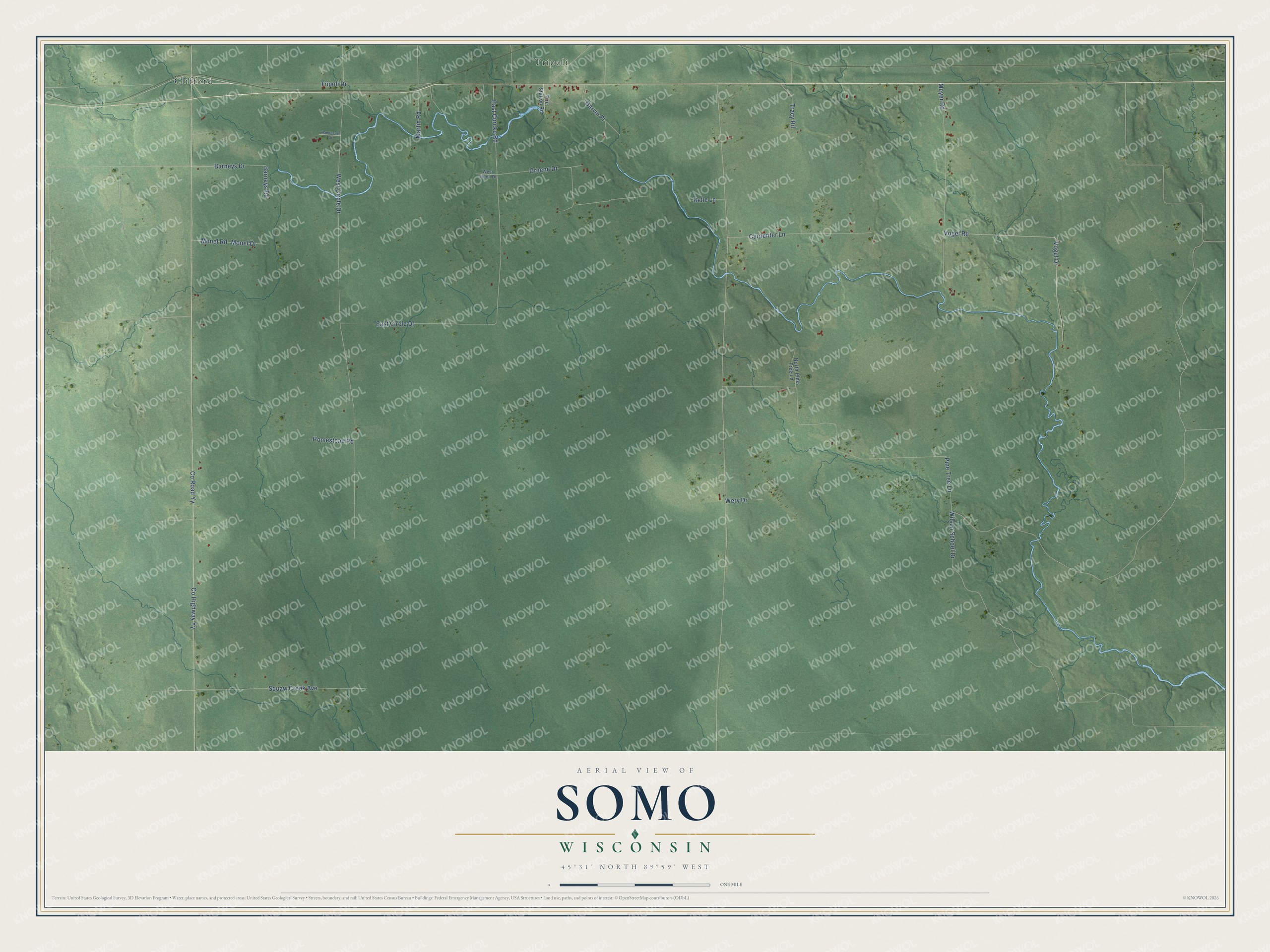 Full map of Somo, Wisconsin, with red buildings, printed street names and the land around them