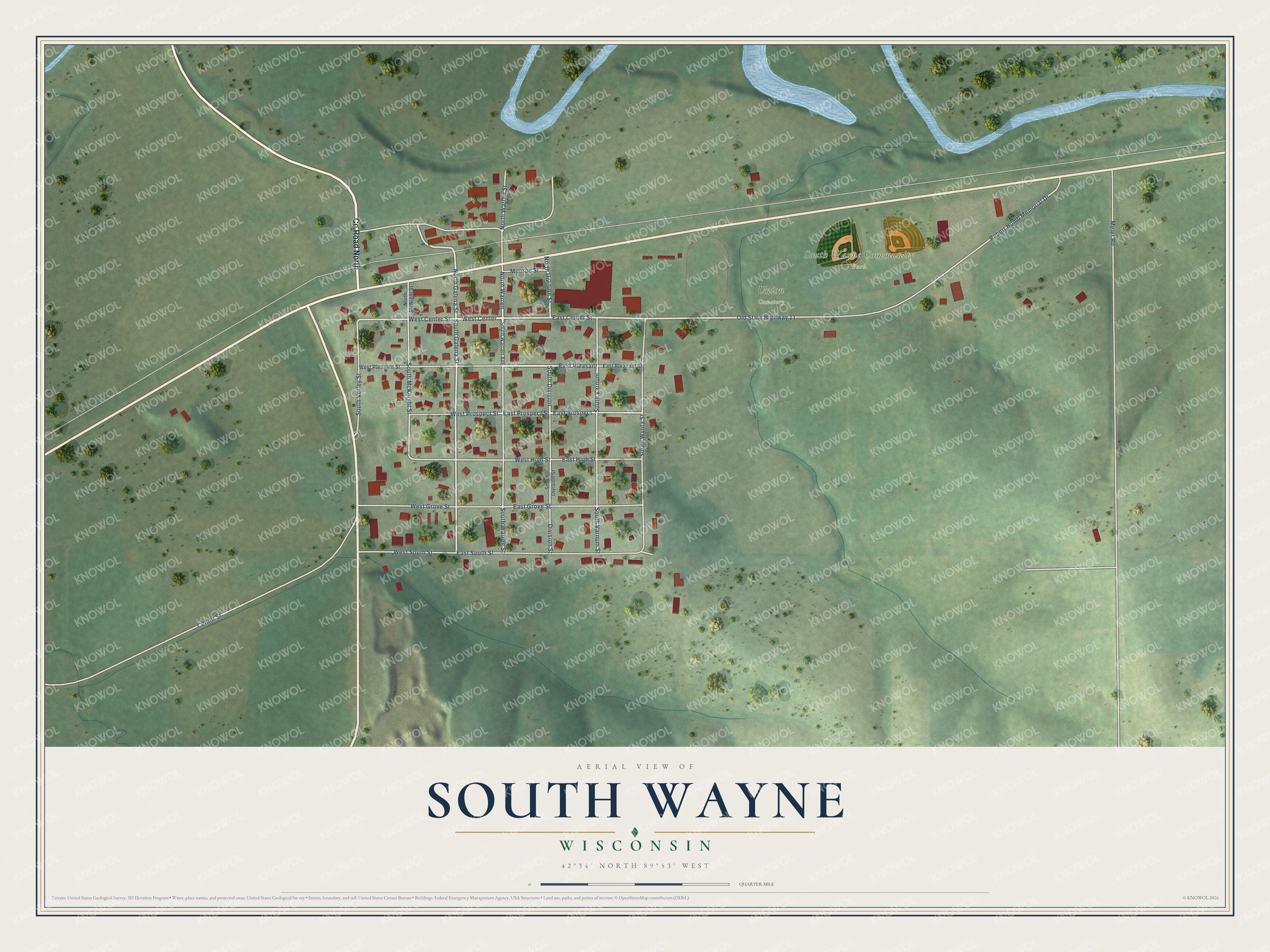 Full map of South Wayne, Wisconsin, with red buildings, printed street names and the land around them