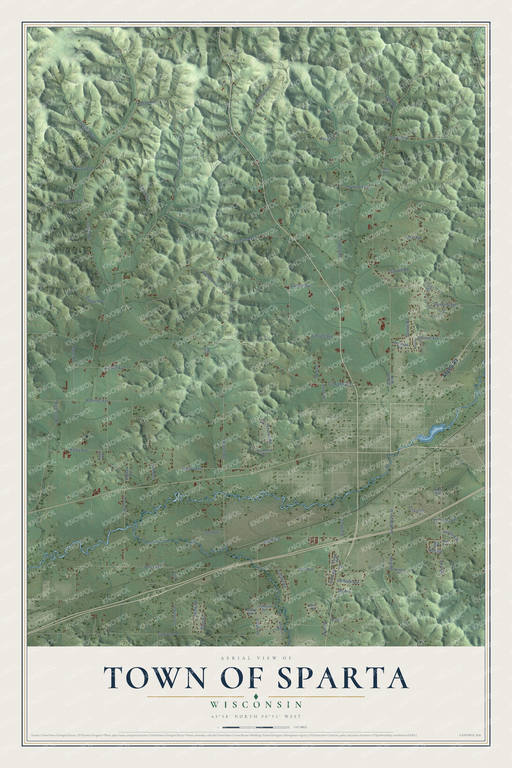 Full map of Sparta, Wisconsin, with red buildings, printed street names and the land around them