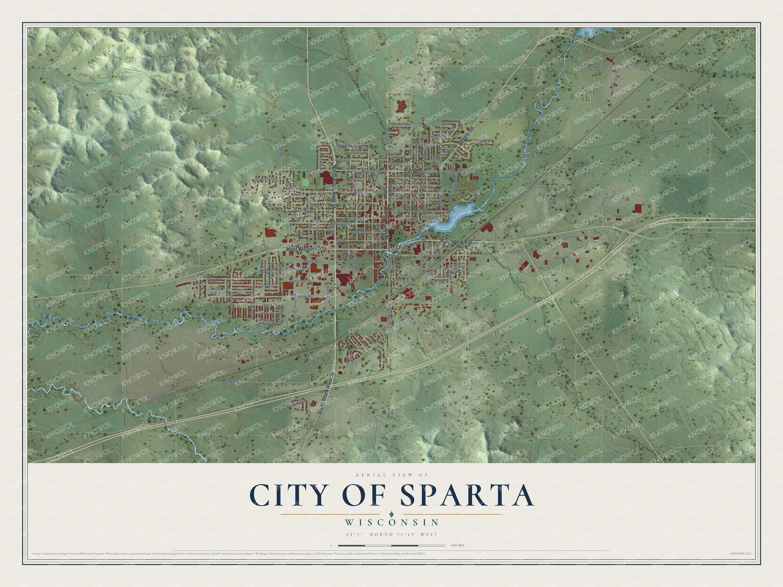 Full map of Sparta, Wisconsin, with red buildings, printed street names and the land around them