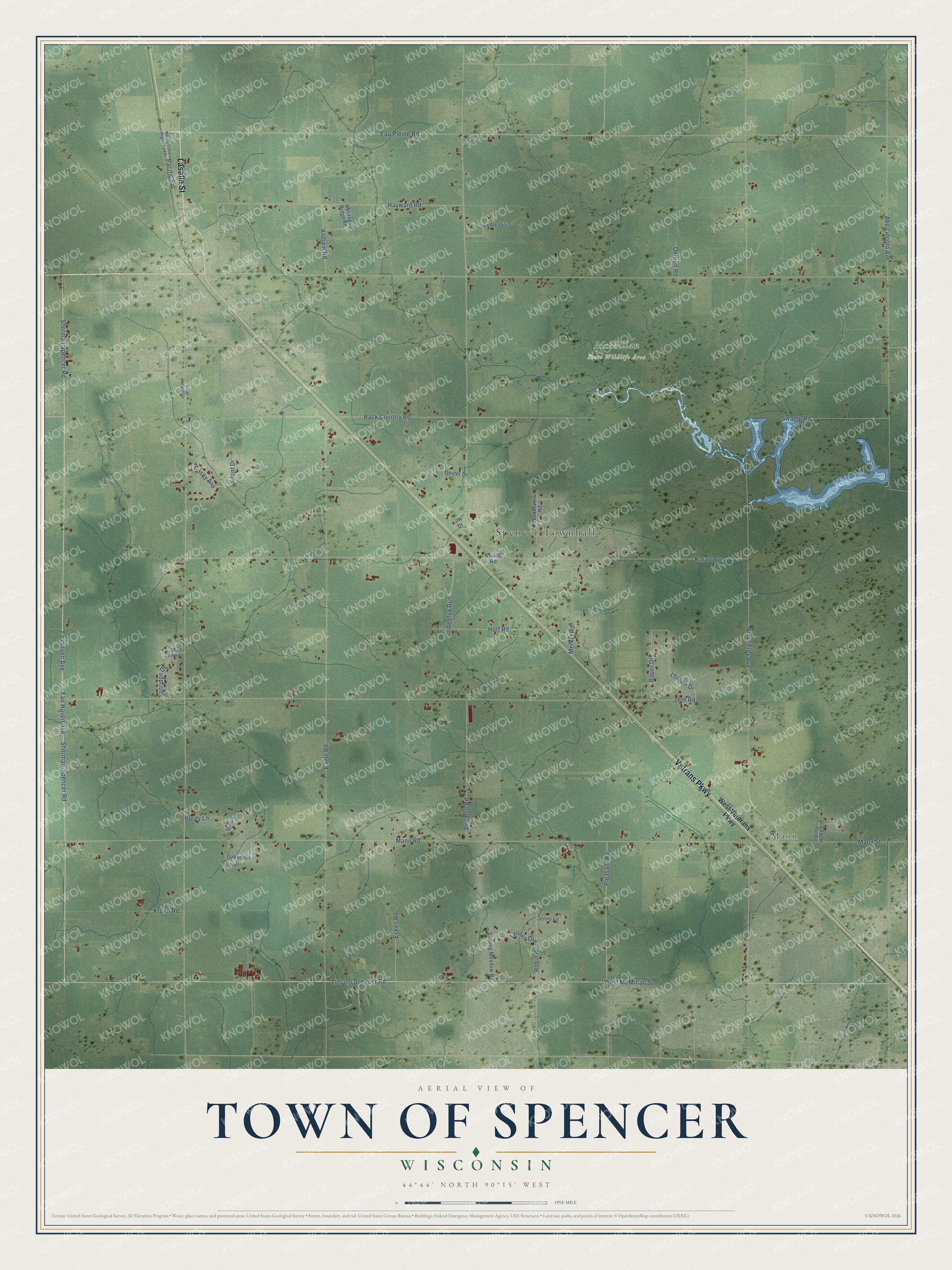 Full map of Spencer, Wisconsin, with red buildings, printed street names and the land around them