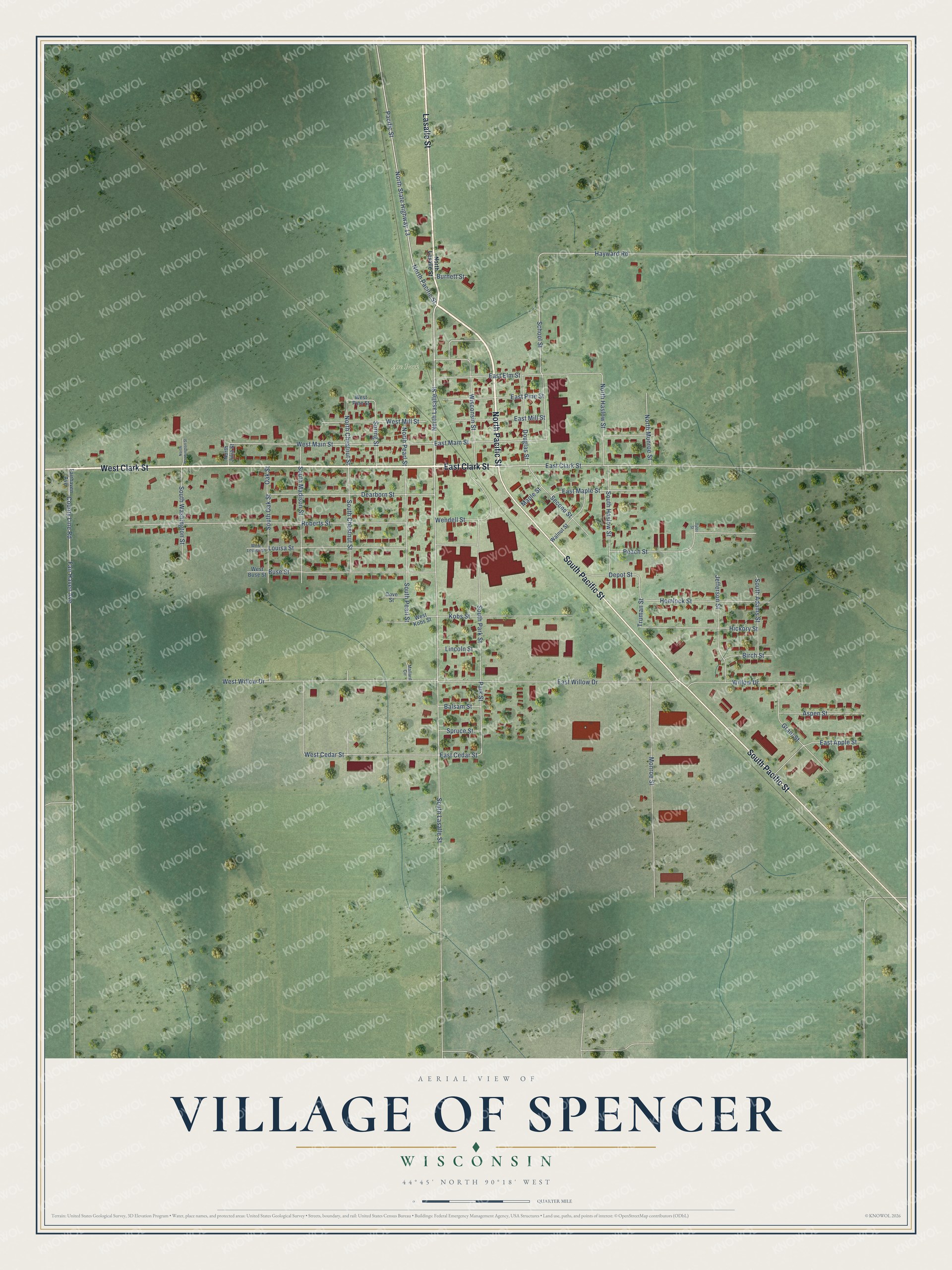 Full map of Spencer, Wisconsin, with red buildings, printed street names and the land around them
