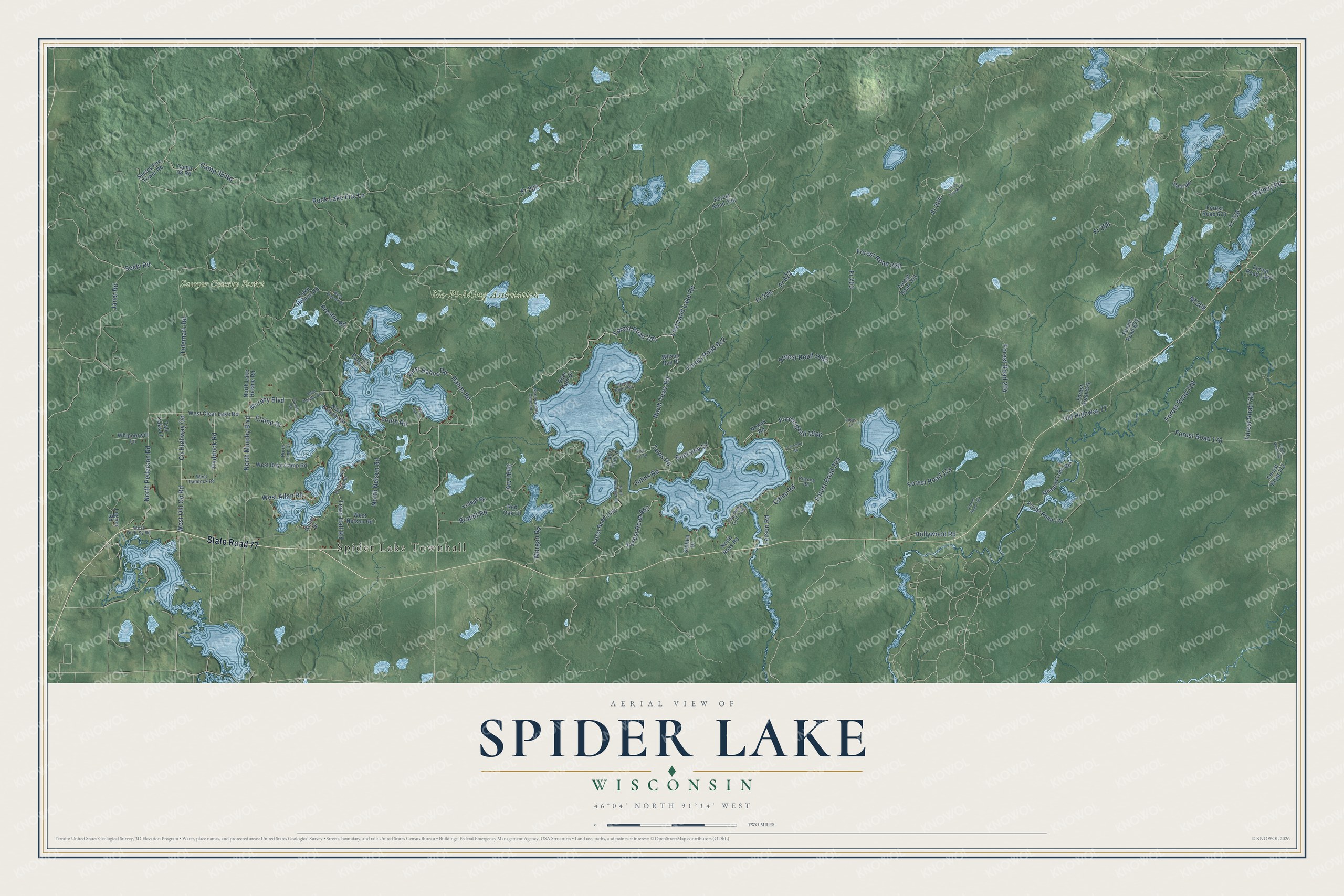 Full map of Spider Lake, Wisconsin, with red buildings, printed street names and the land around them