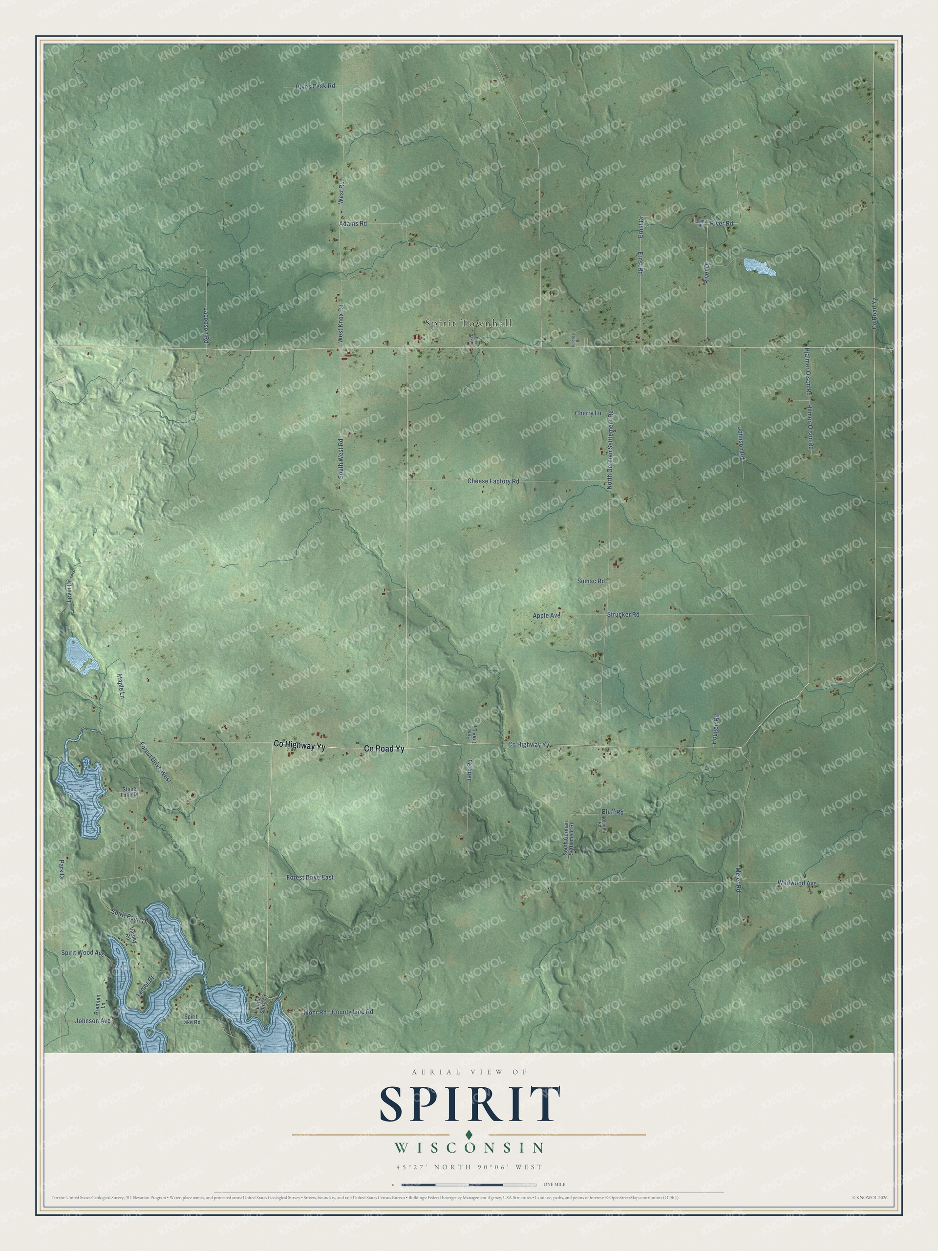 Full map of Spirit, Wisconsin, with red buildings, printed street names and the land around them