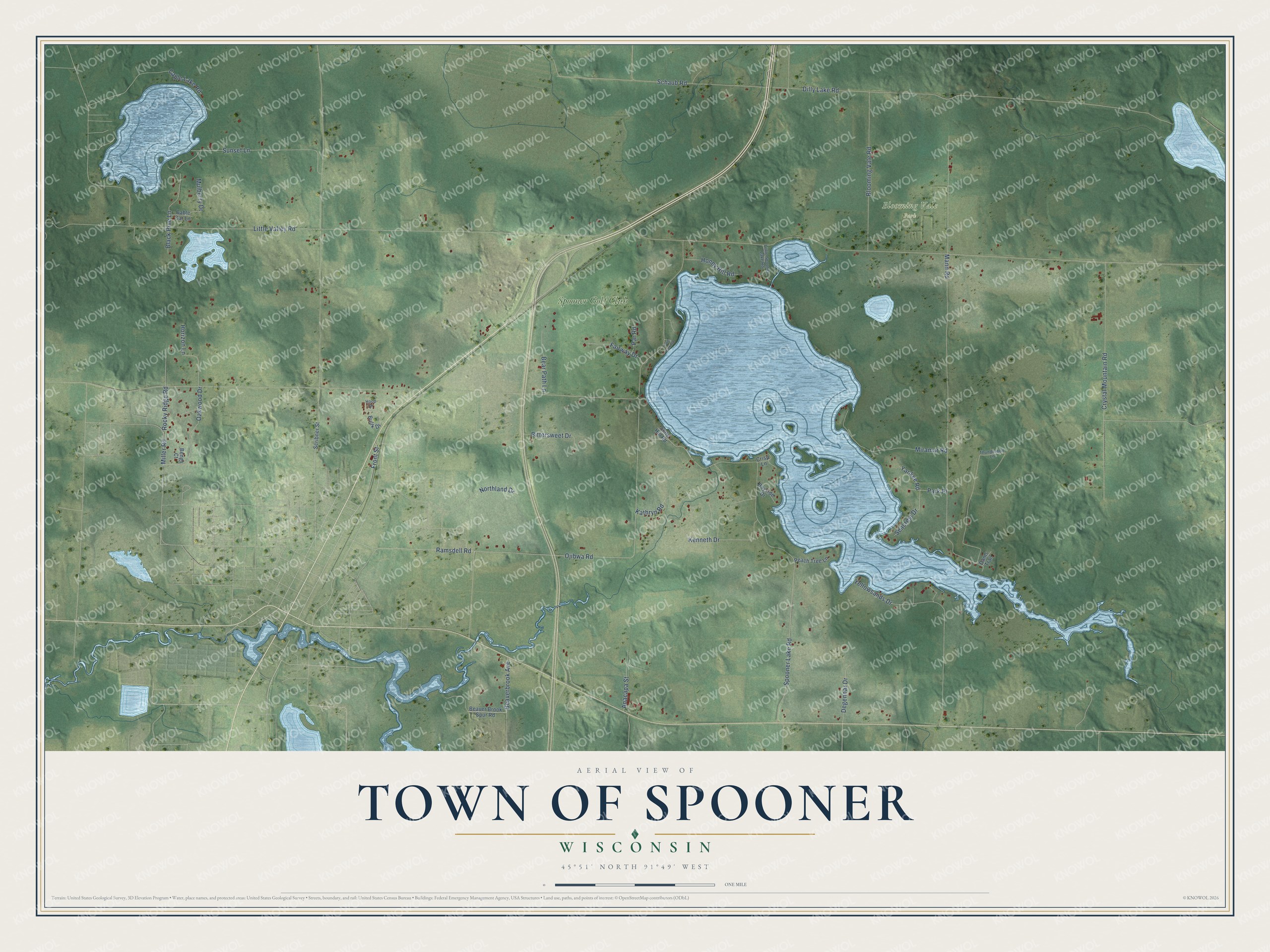 Full map of Spooner, Wisconsin, with red buildings, printed street names and the land around them