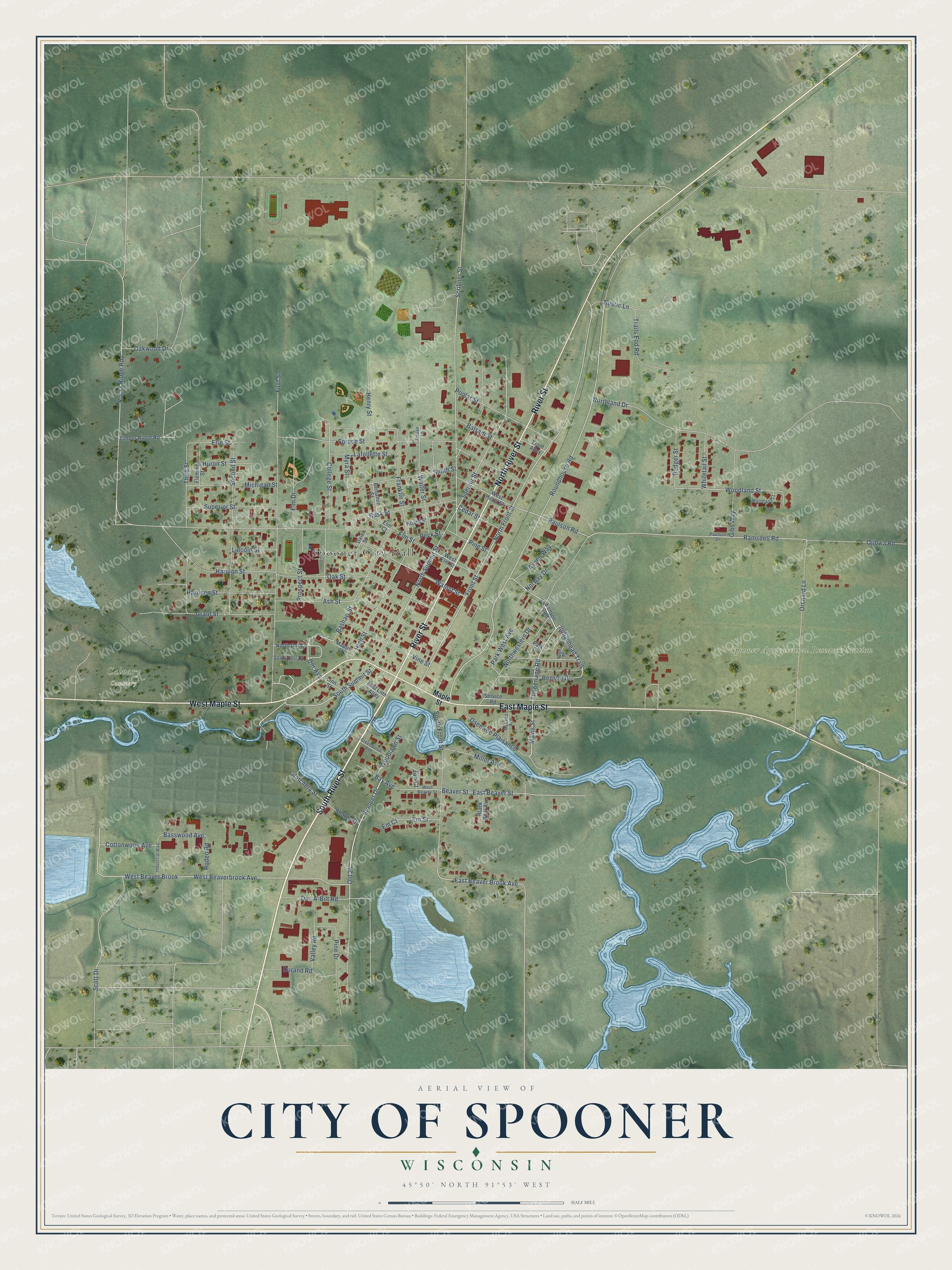 Full map of Spooner, Wisconsin, with red buildings, printed street names and the land around them