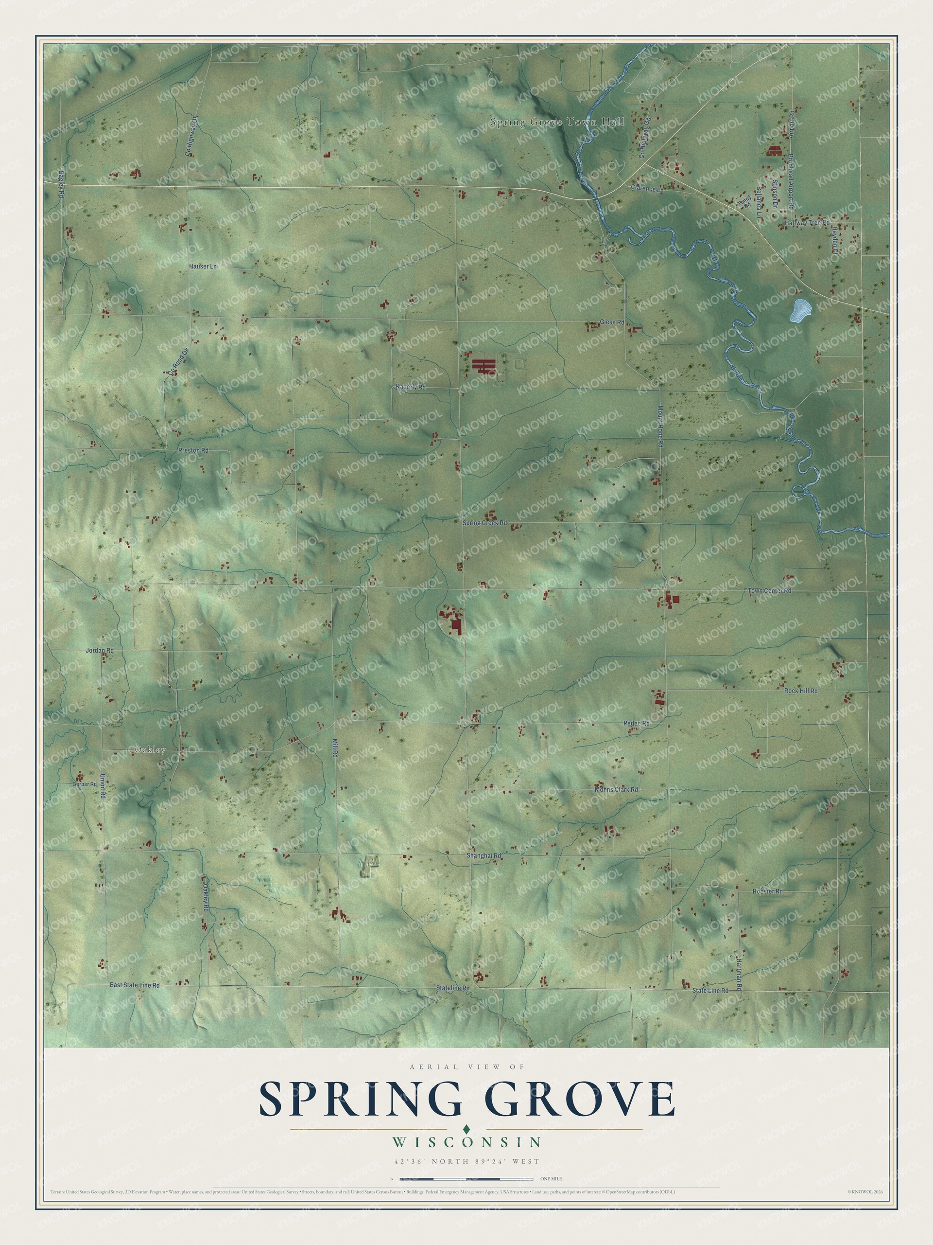 Full map of Spring Grove, Wisconsin, with red buildings, printed street names and the land around them
