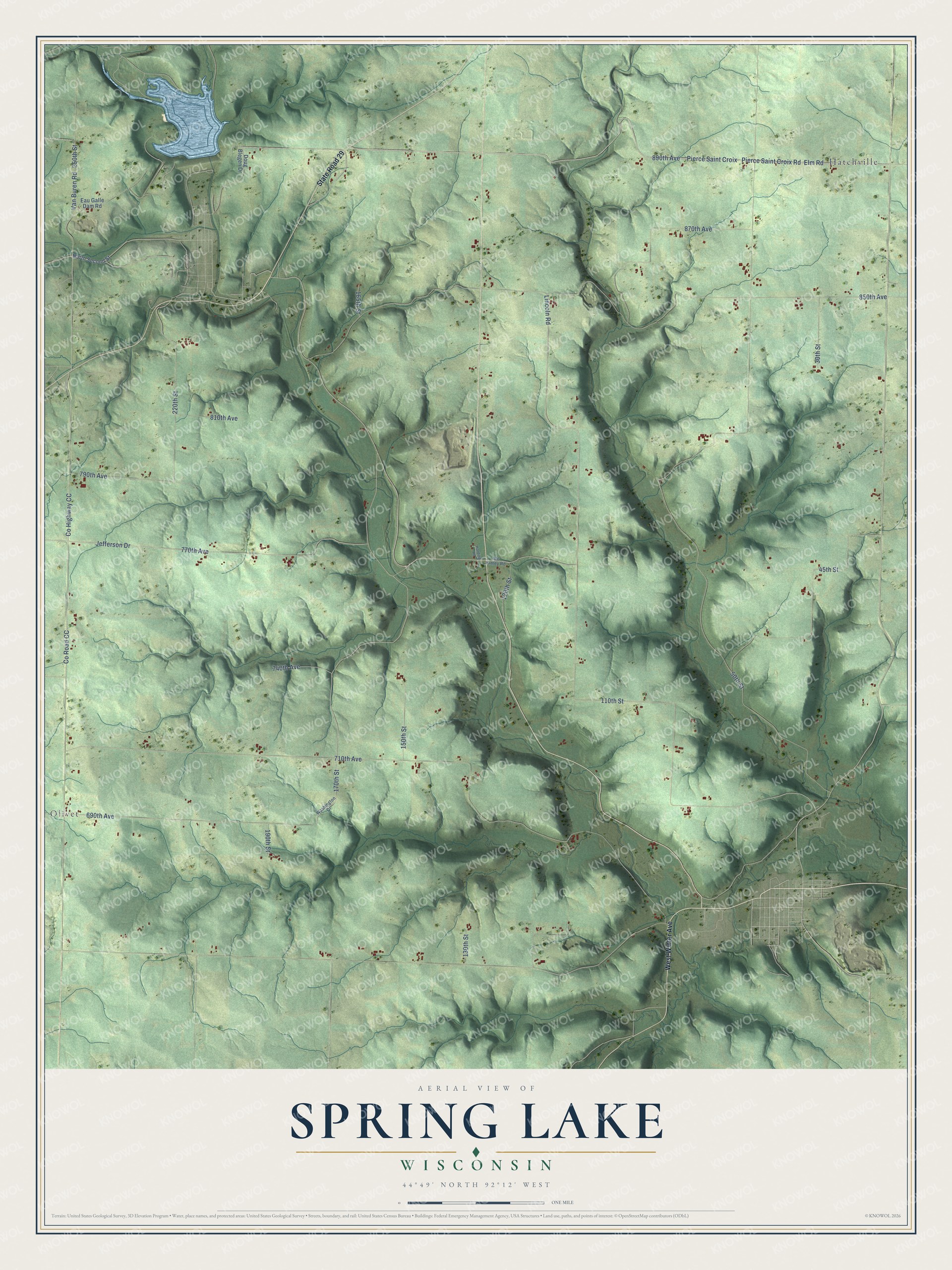 Full map of Spring Lake, Wisconsin, with red buildings, printed street names and the land around them