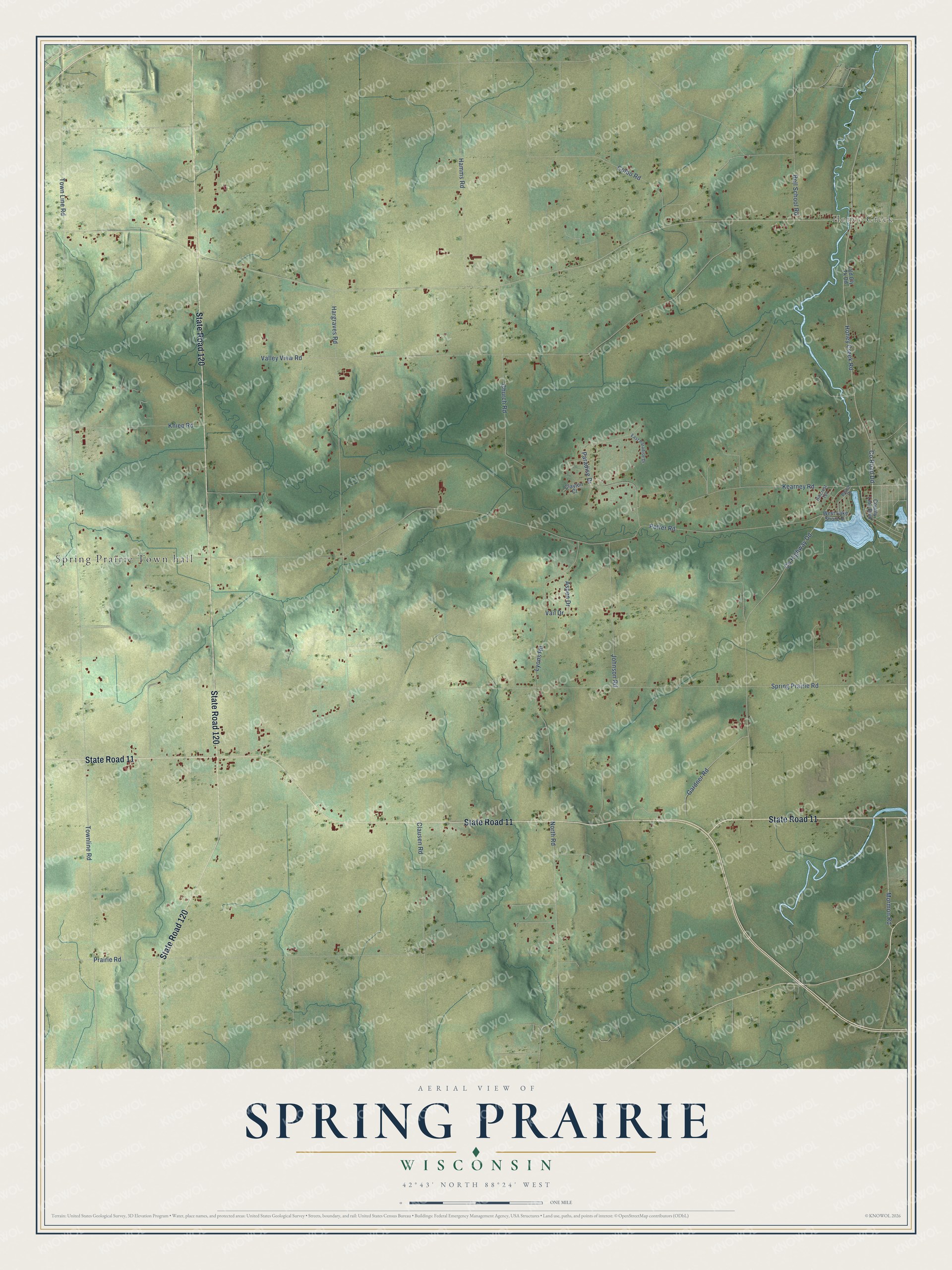 Full map of Spring Prairie, Wisconsin, with red buildings, printed street names and the land around them