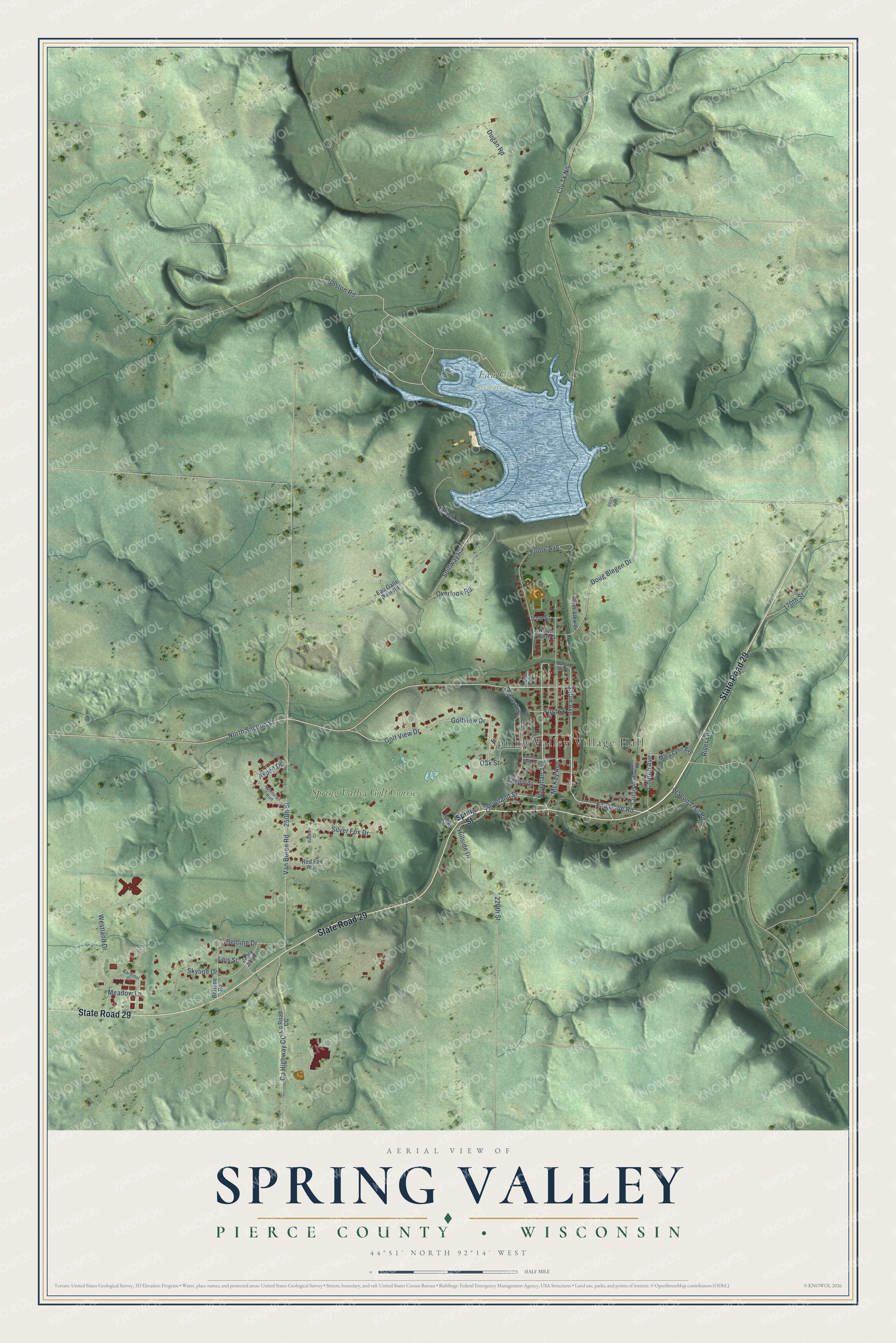 Full map of Spring Valley, Wisconsin, with red buildings, printed street names and the land around them