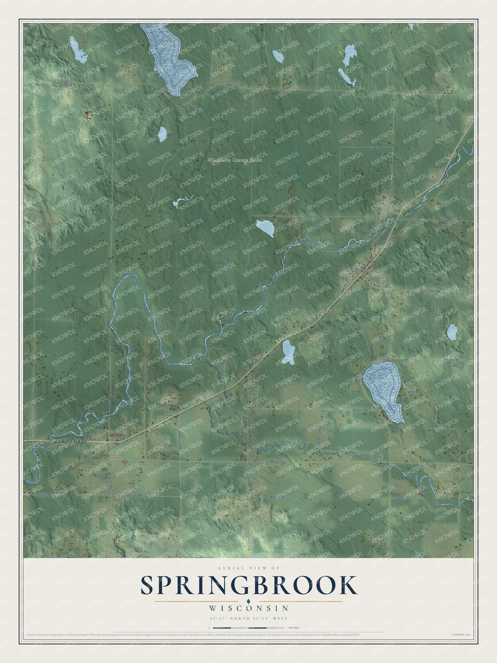Full map of Springbrook, Wisconsin, with red buildings, printed street names and the land around them