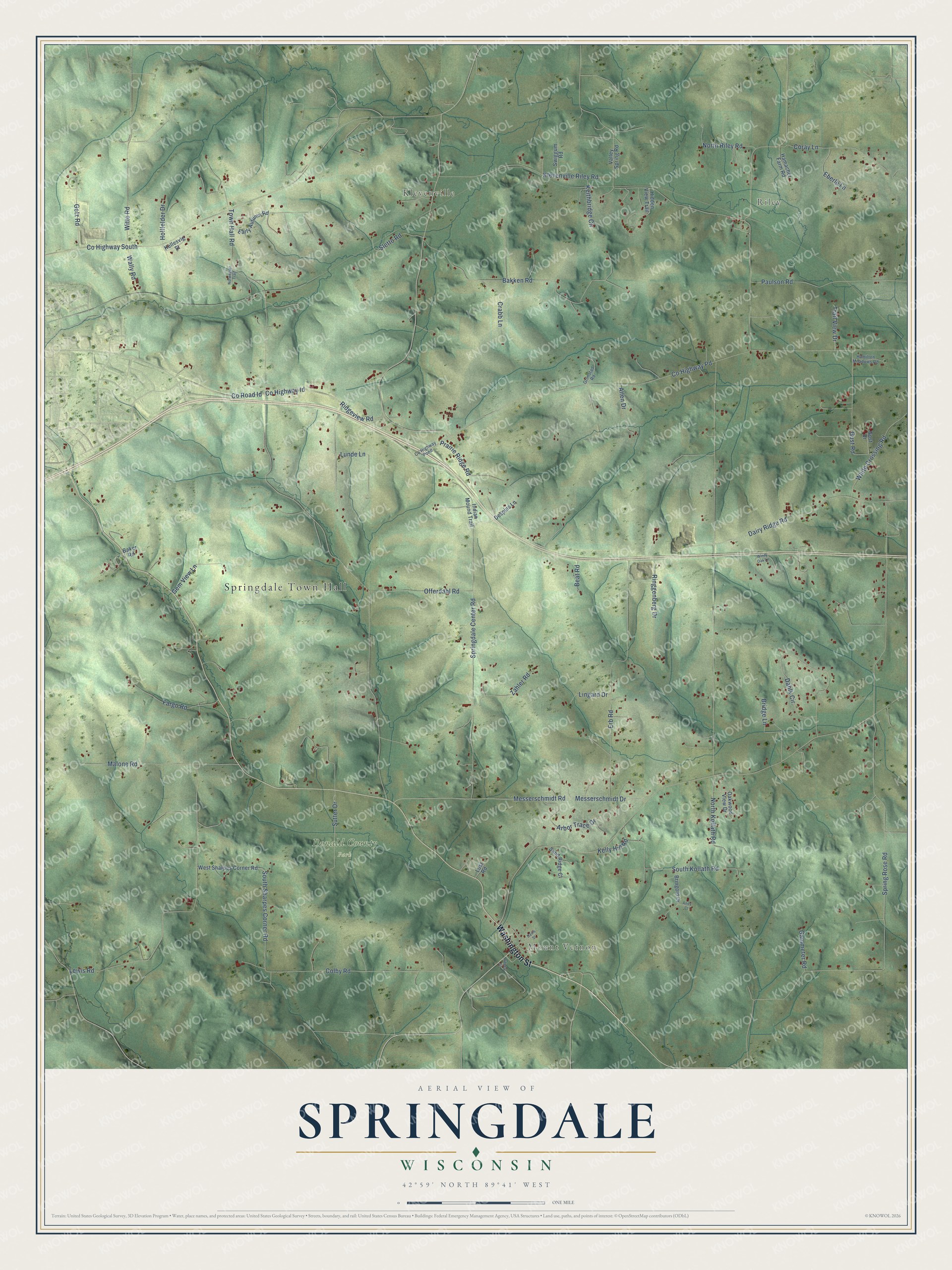 Full map of Springdale, Wisconsin, with red buildings, printed street names and the land around them