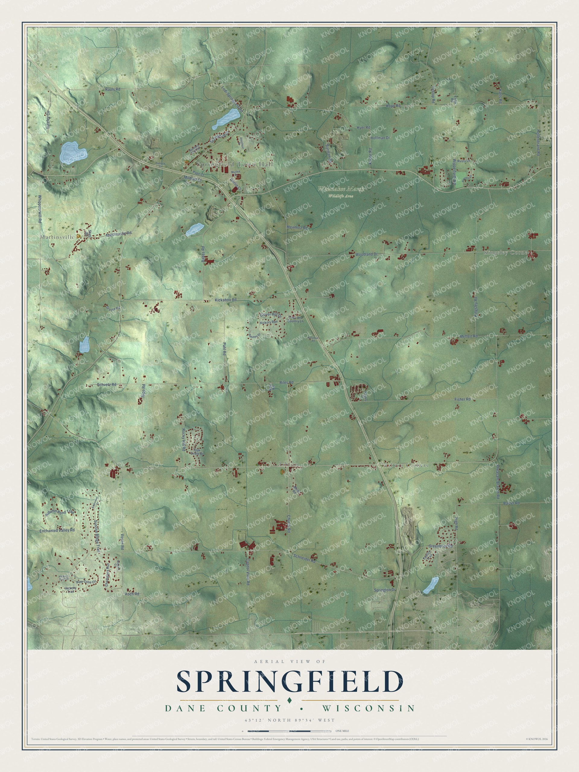 Full map of Springfield, Wisconsin, with red buildings, printed street names and the land around them