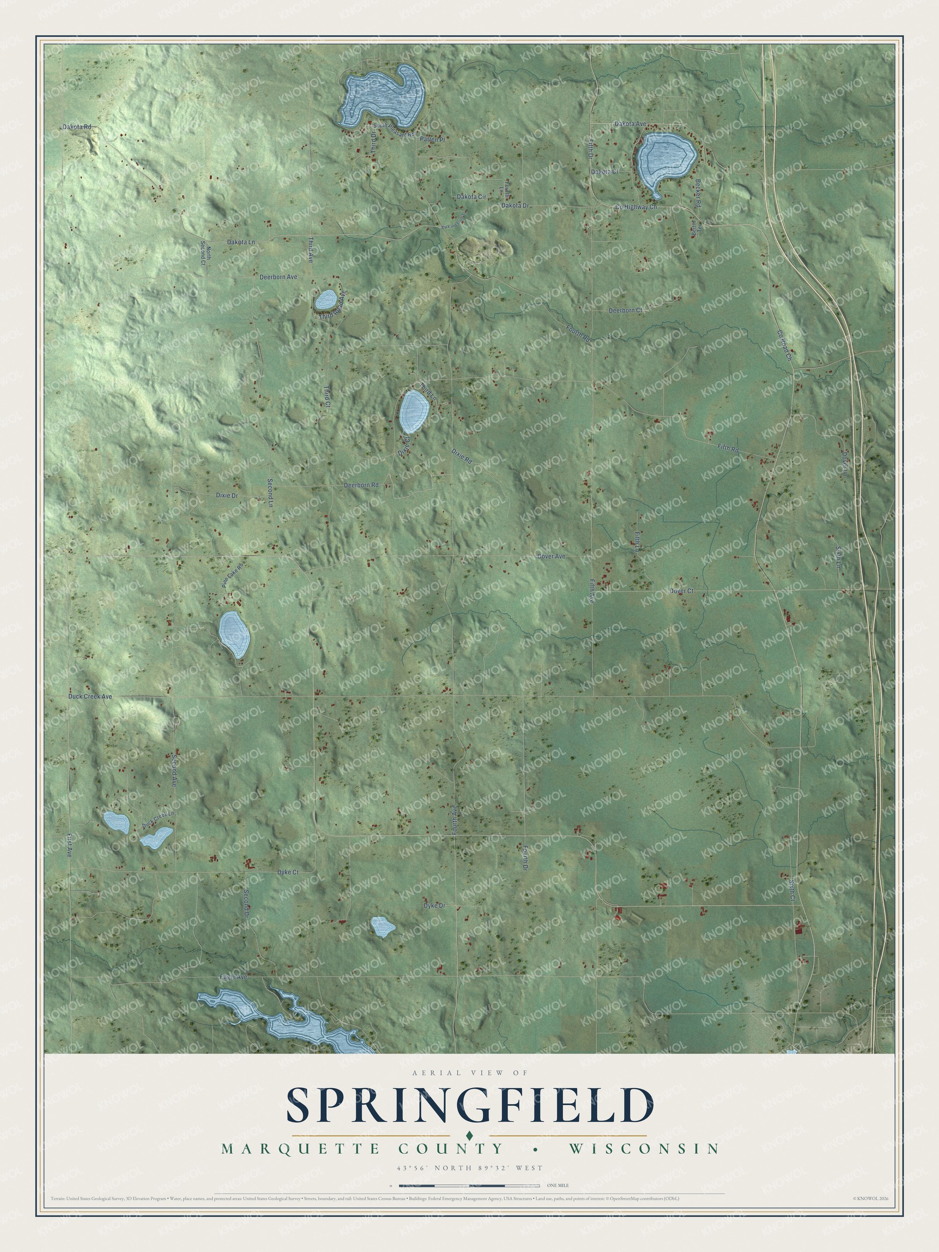 Full map of Springfield, Wisconsin, with red buildings, printed street names and the land around them