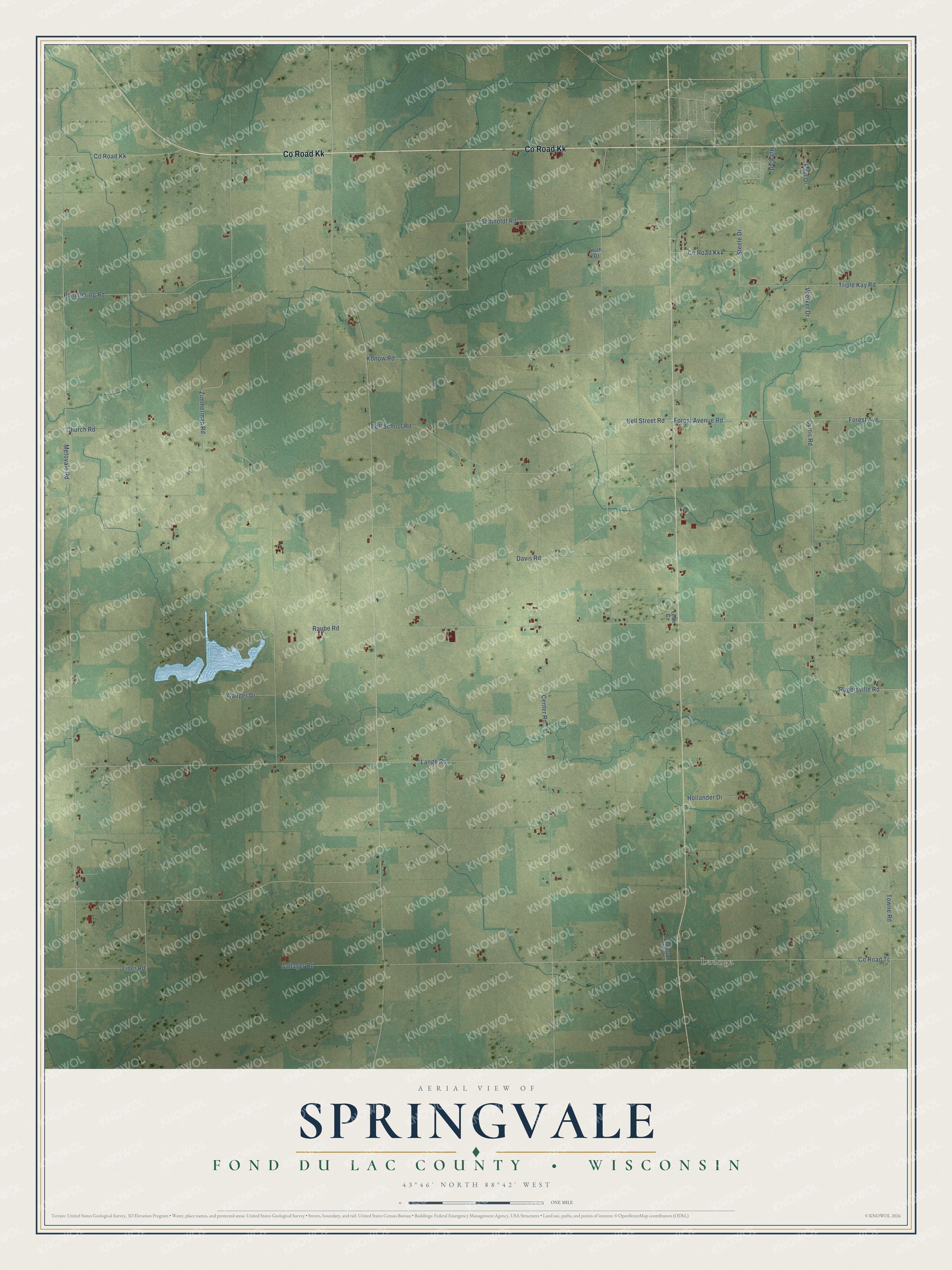 Full map of Springvale, Wisconsin, with red buildings, printed street names and the land around them