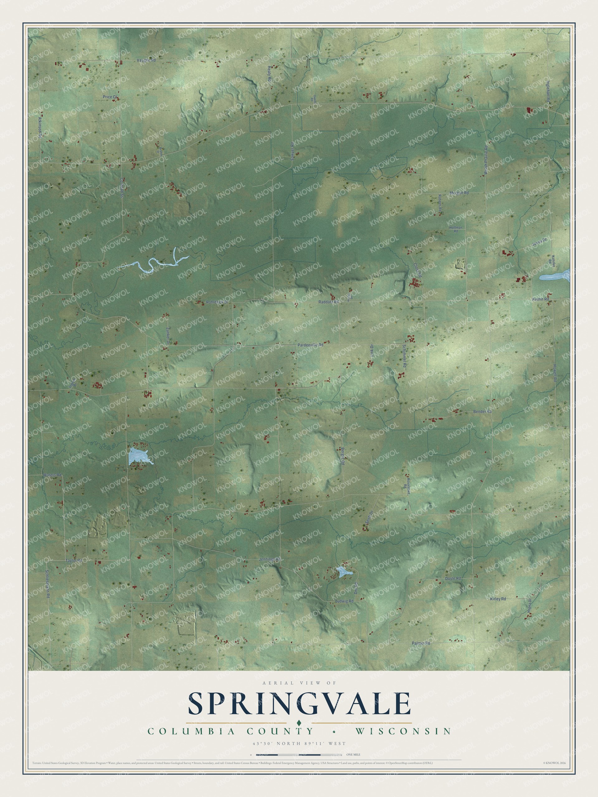 Full map of Springvale, Wisconsin, with red buildings, printed street names and the land around them