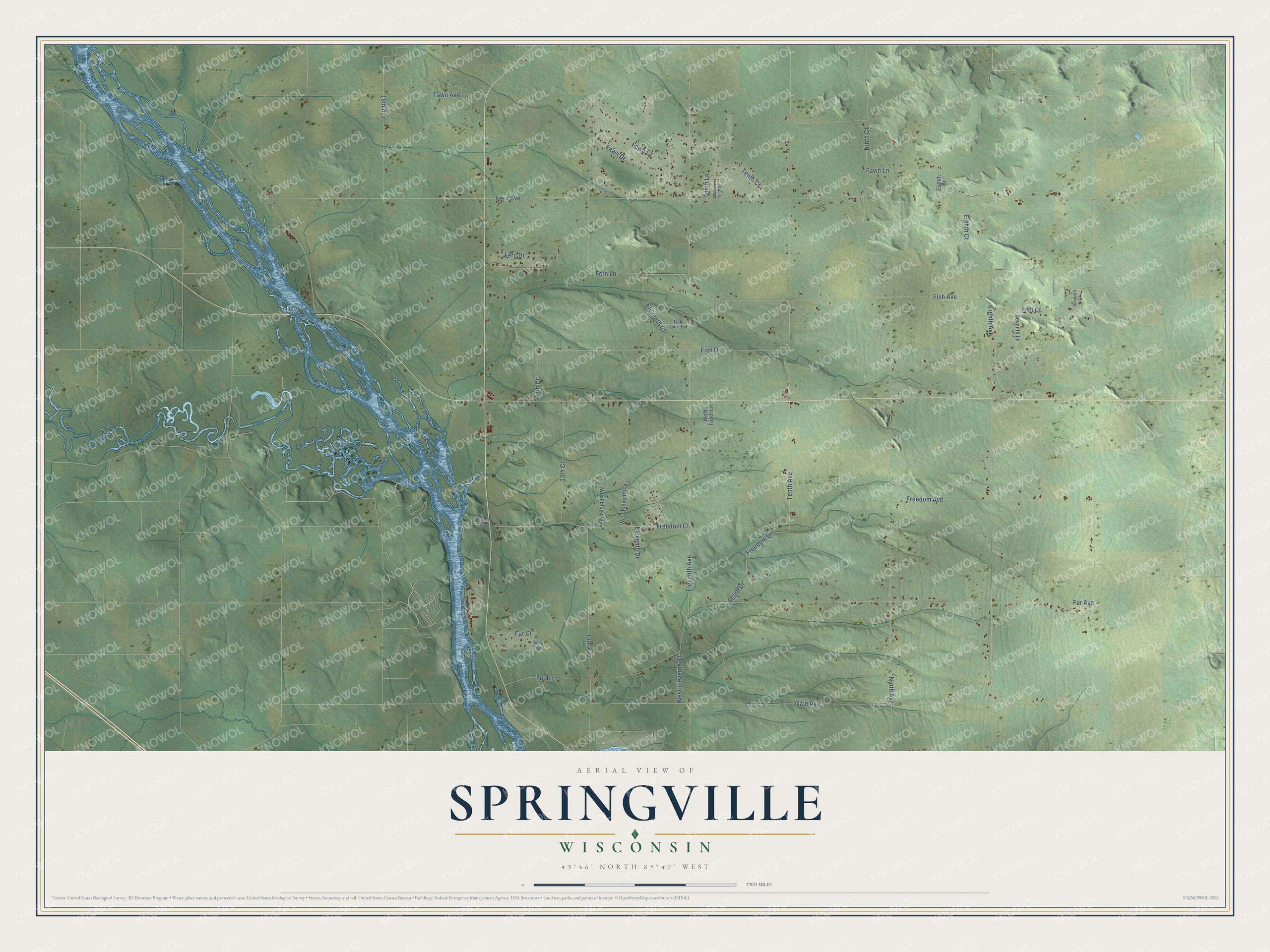 Full map of Springville, Wisconsin, with red buildings, printed street names and the land around them