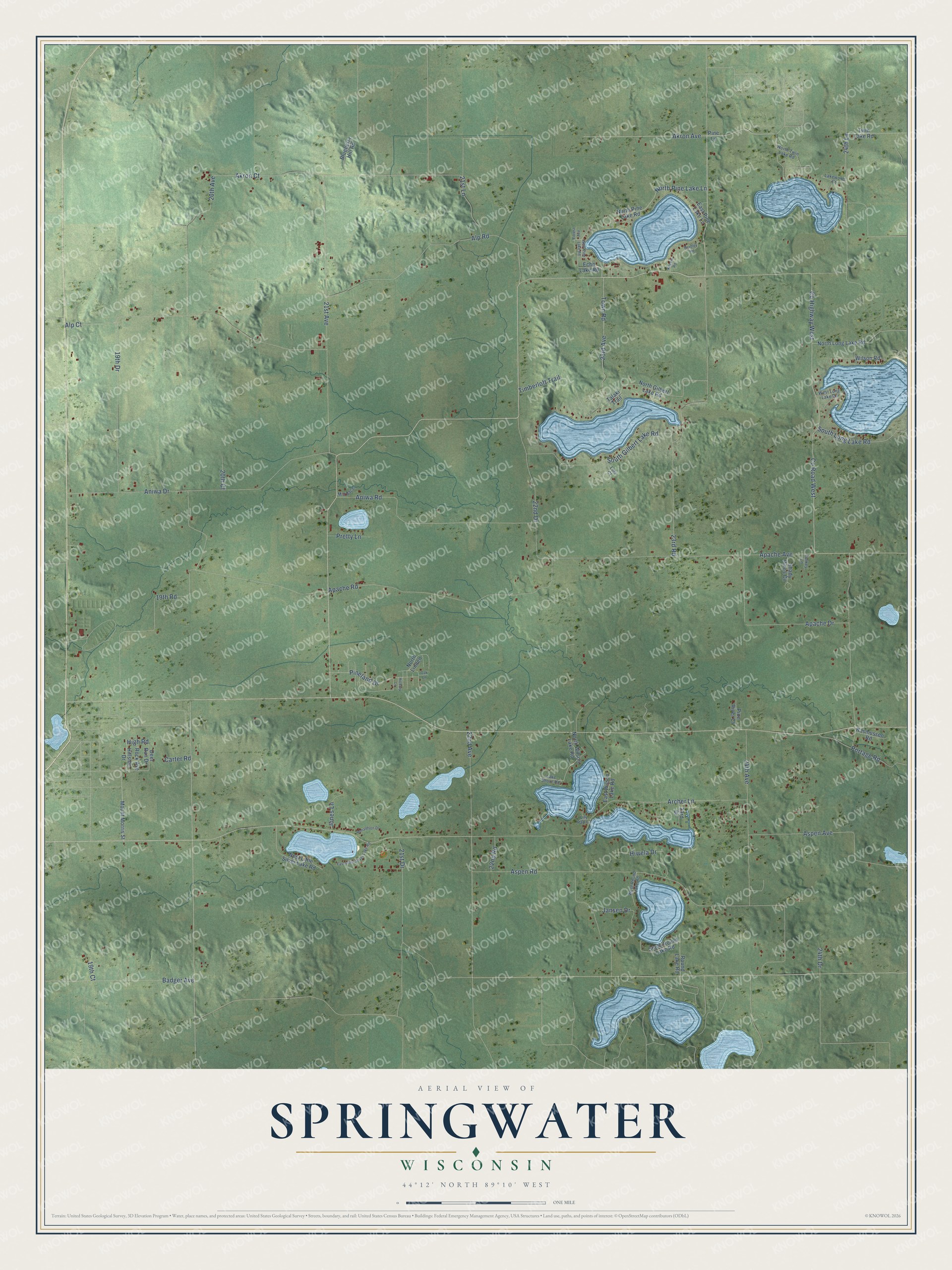 Full map of Springwater, Wisconsin, with red buildings, printed street names and the land around them
