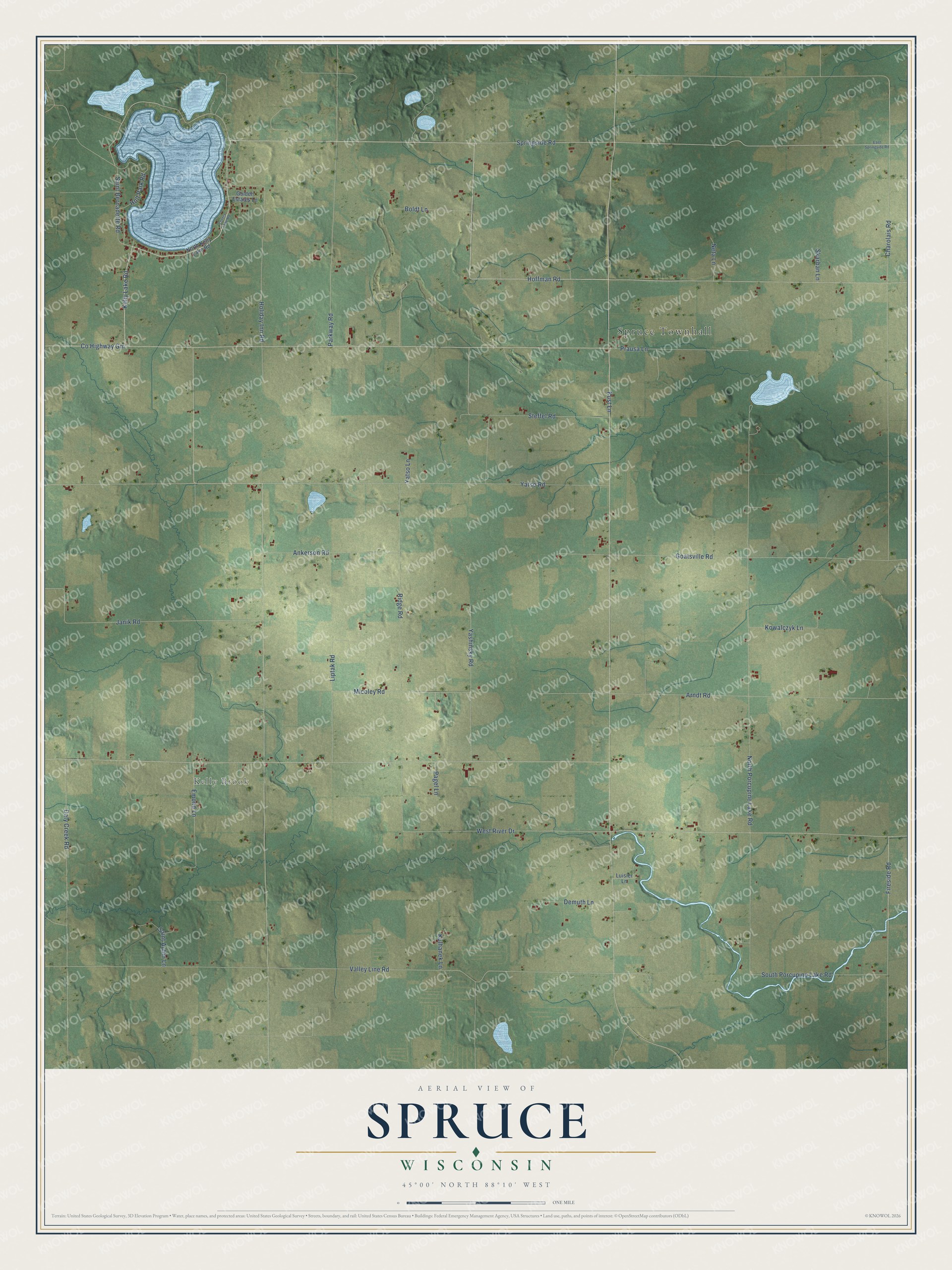 Full map of Spruce, Wisconsin, with red buildings, printed street names and the land around them