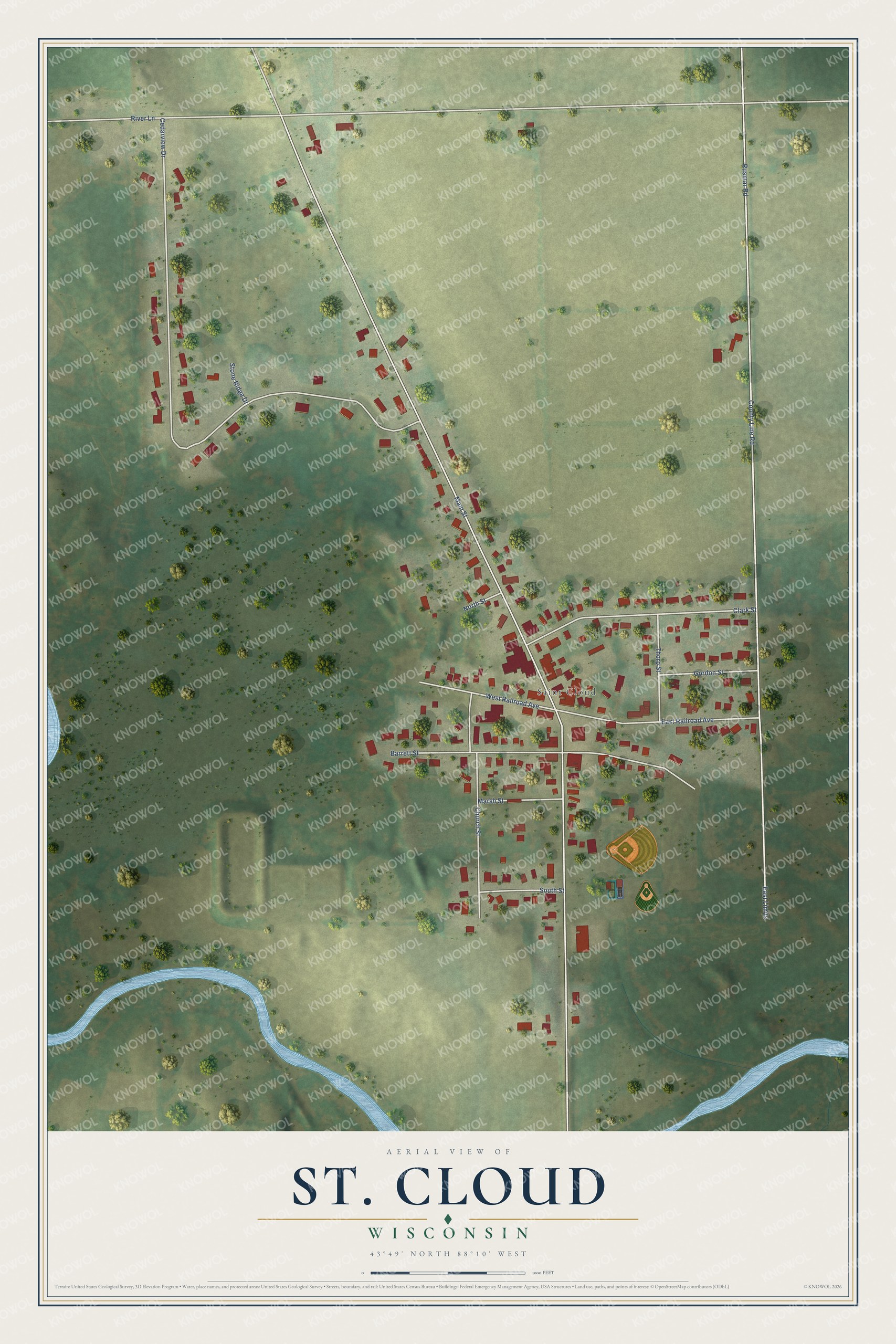 Full map of St. Cloud, Wisconsin, with red buildings, printed street names and the land around them