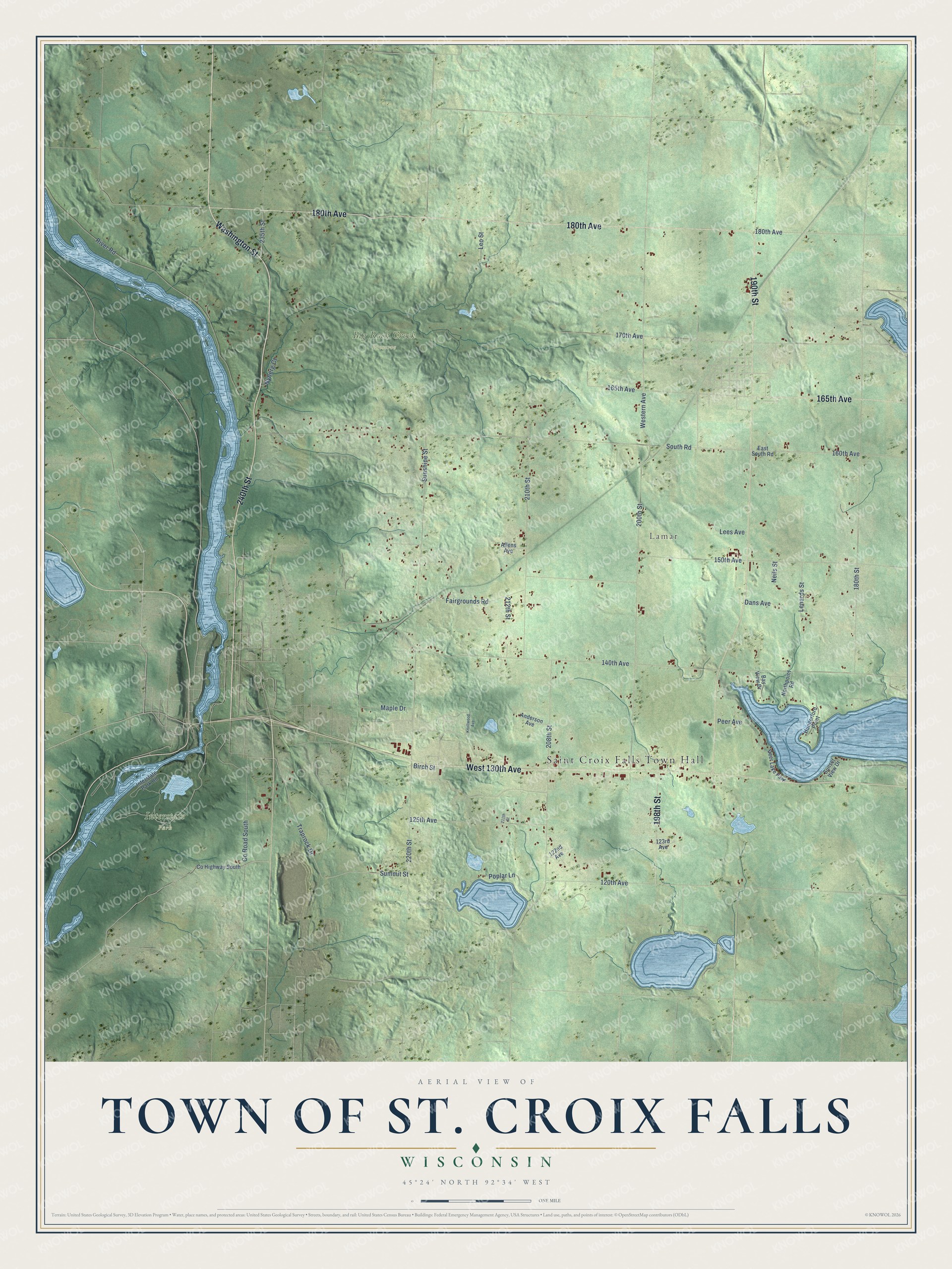 Full map of St. Croix Falls, Wisconsin, with red buildings, printed street names and the land around them