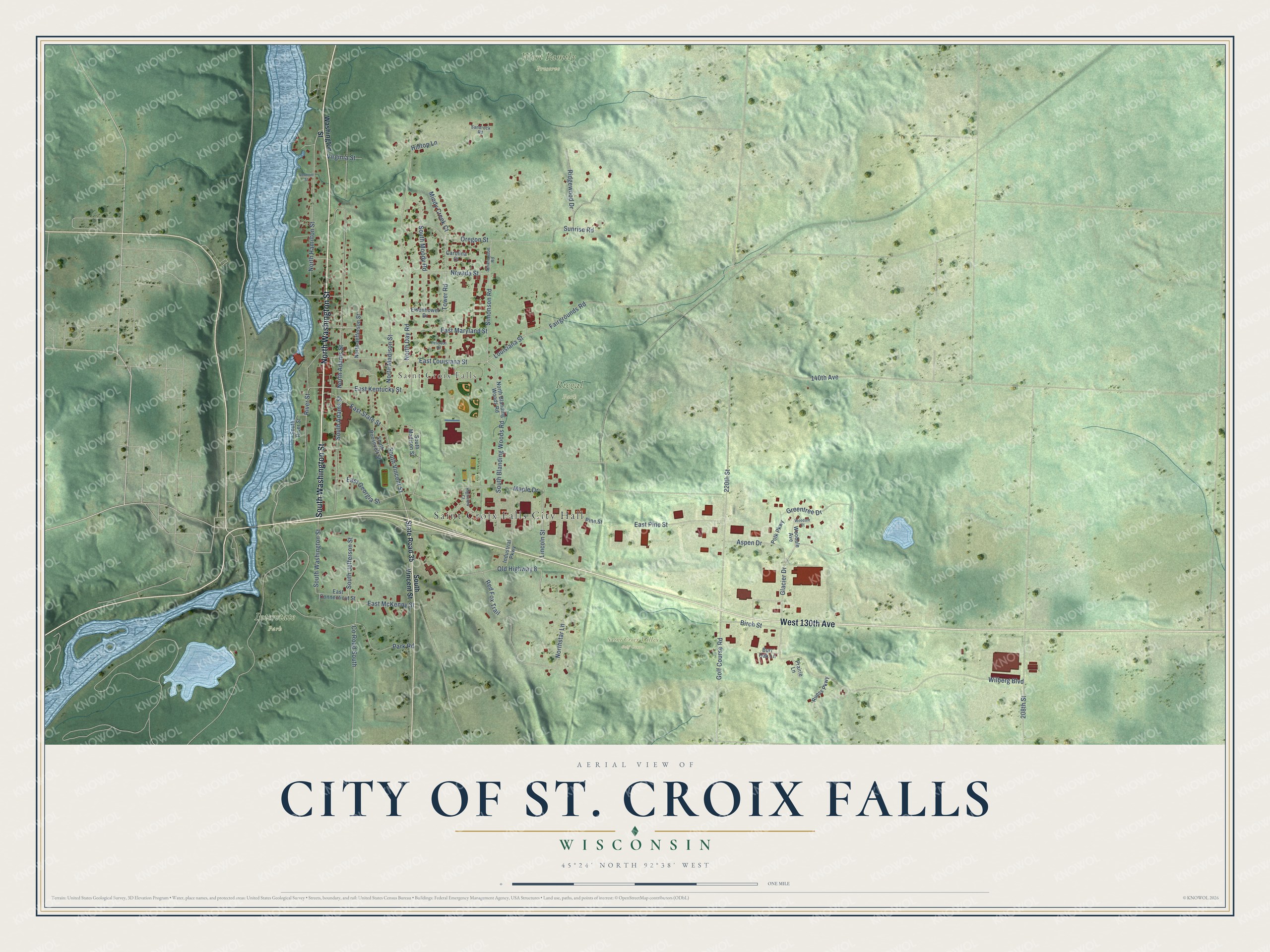 Full map of St. Croix Falls, Wisconsin, with red buildings, printed street names and the land around them