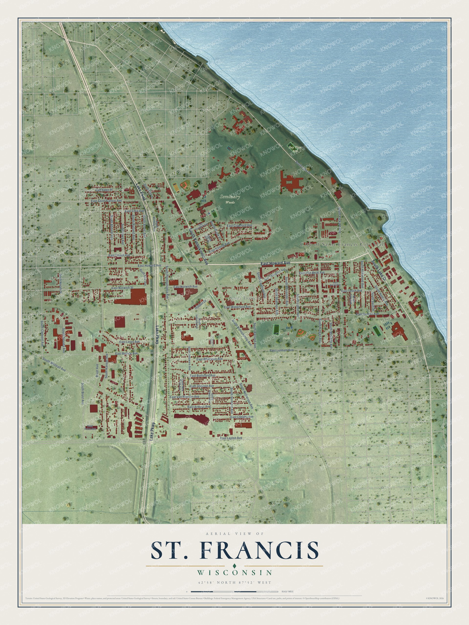 Full map of St. Francis, Wisconsin, with red buildings, printed street names and the land around them