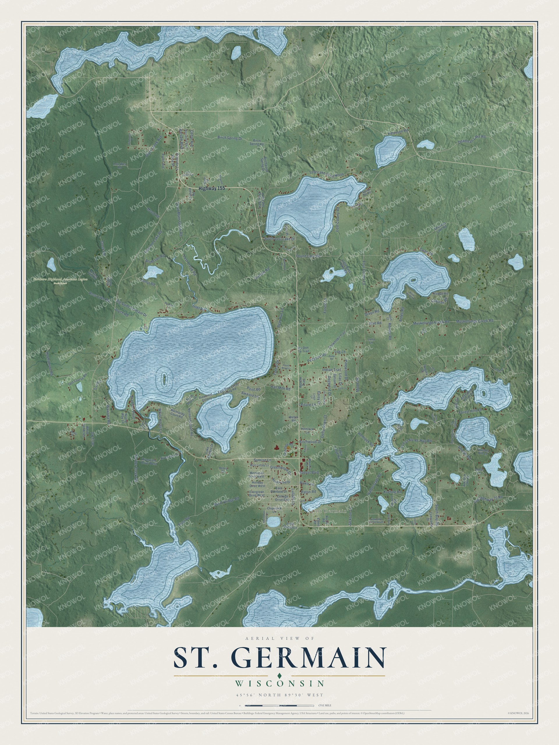 Full map of St. Germain, Wisconsin, with red buildings, printed street names and the land around them