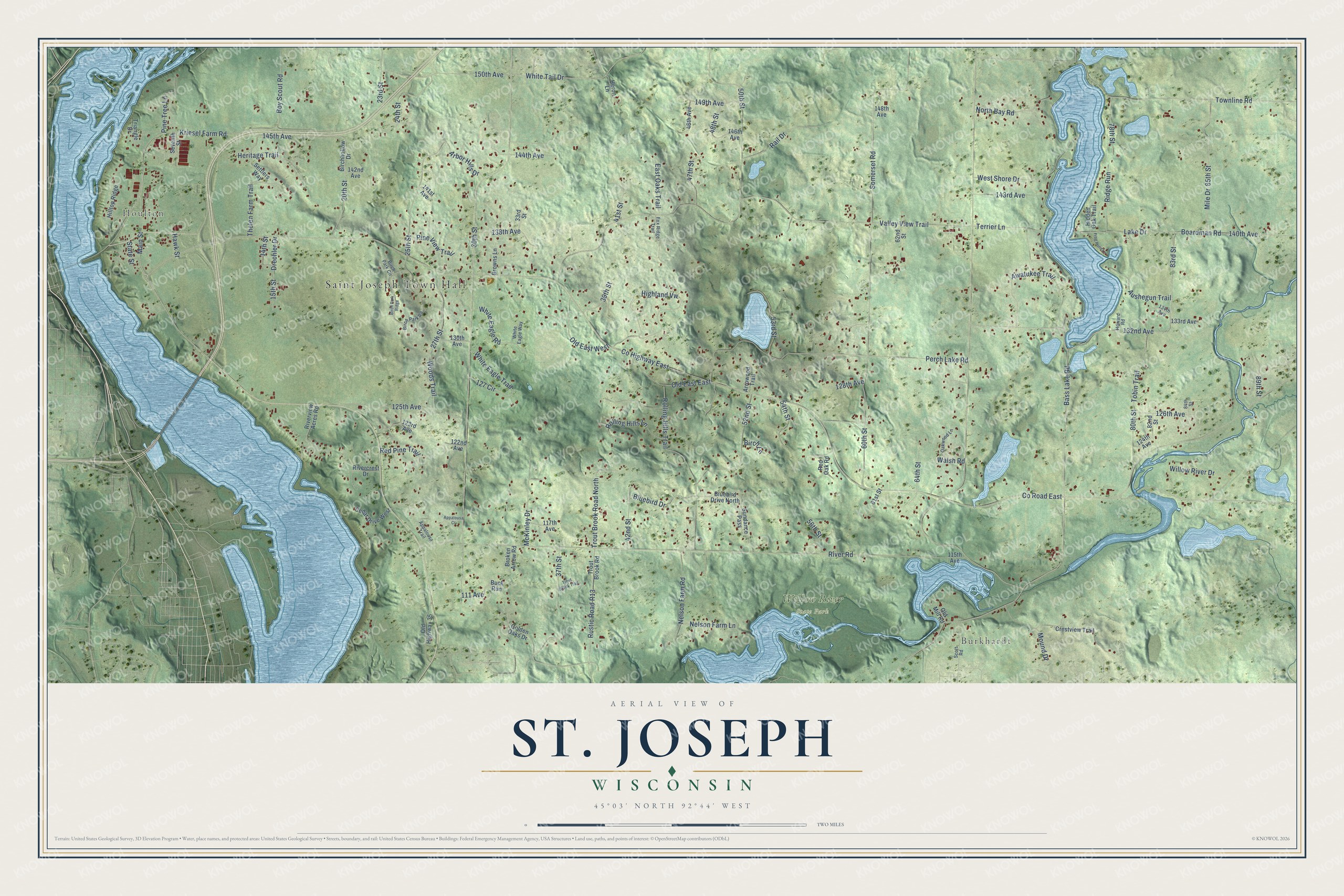 Full map of St. Joseph, Wisconsin, with red buildings, printed street names and the land around them