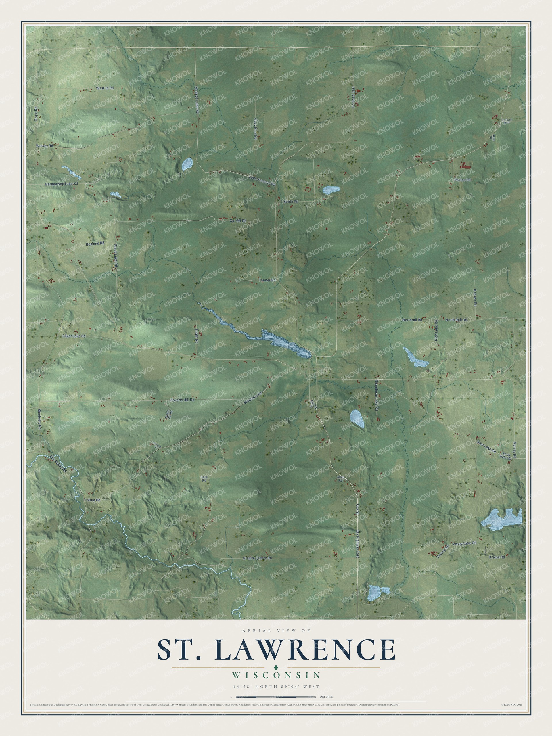 Full map of St. Lawrence, Wisconsin, with red buildings, printed street names and the land around them
