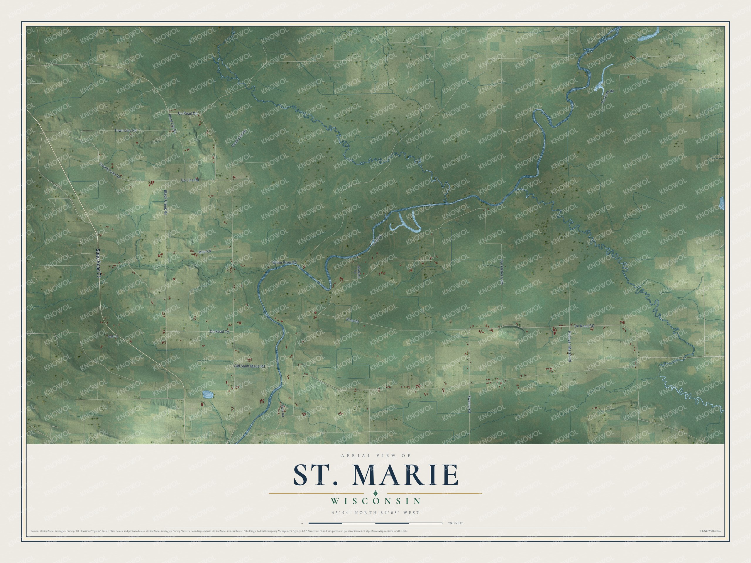 Full map of St. Marie, Wisconsin, with red buildings, printed street names and the land around them