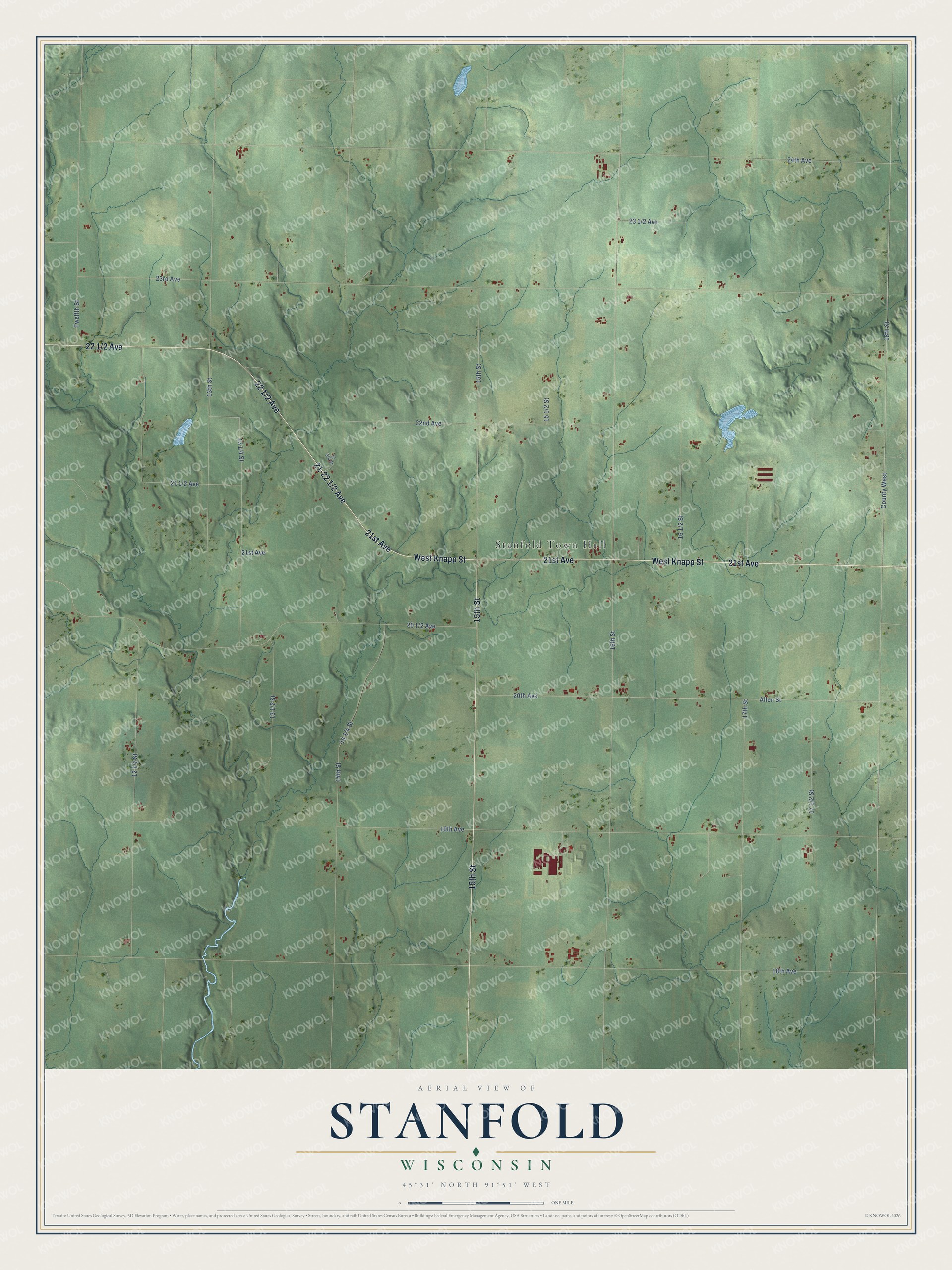 Full map of Stanfold, Wisconsin, with red buildings, printed street names and the land around them