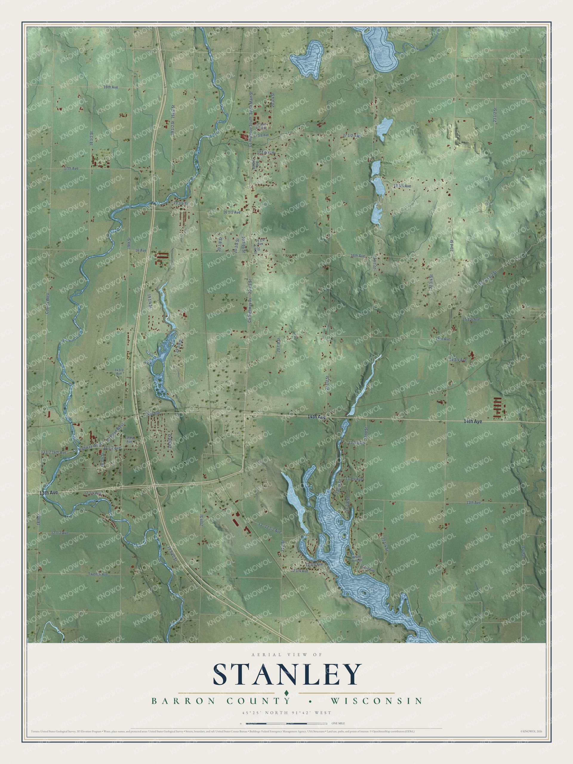 Full map of Stanley, Wisconsin, with red buildings, printed street names and the land around them