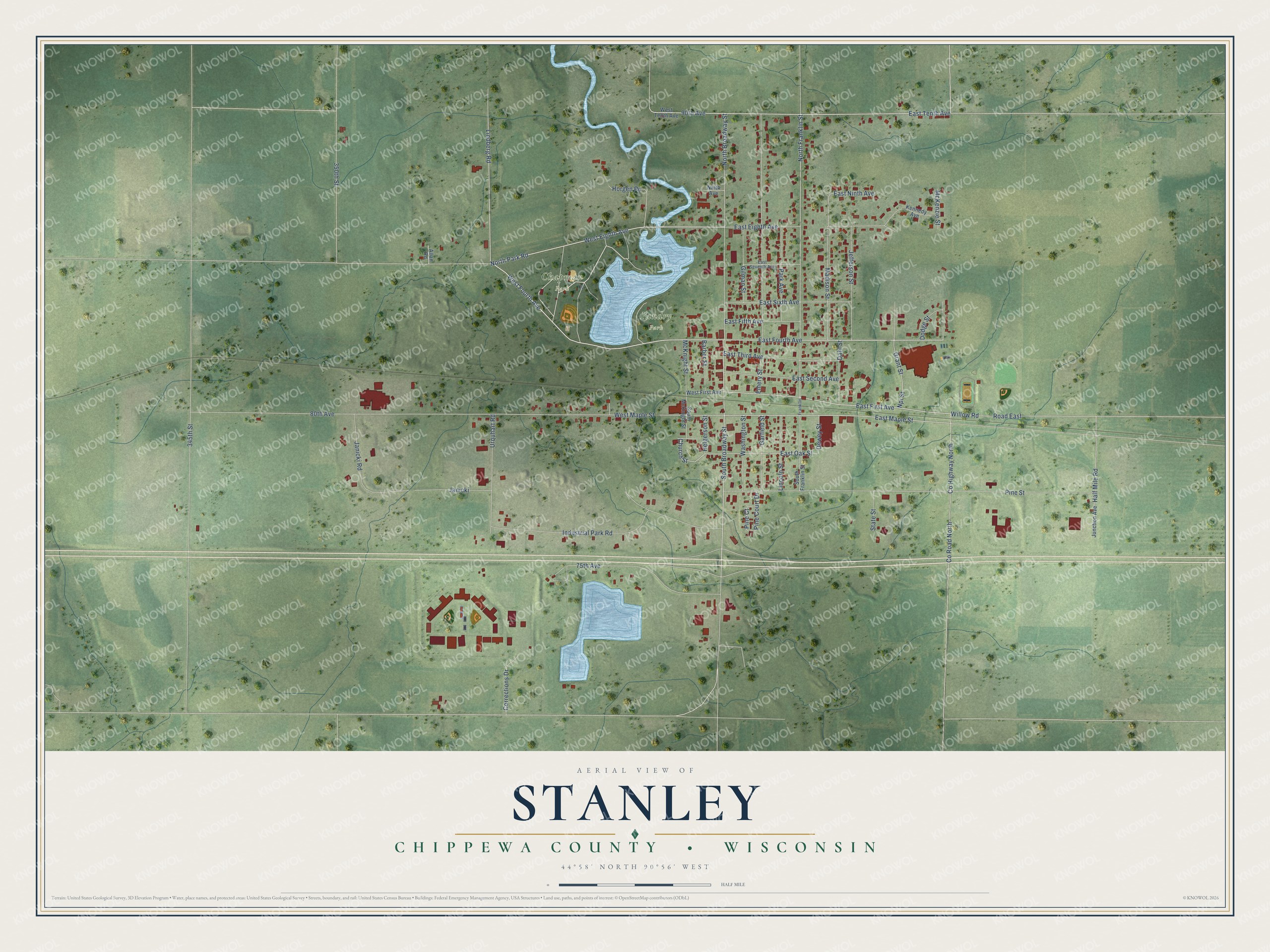 Full map of Stanley, Wisconsin, with red buildings, printed street names and the land around them