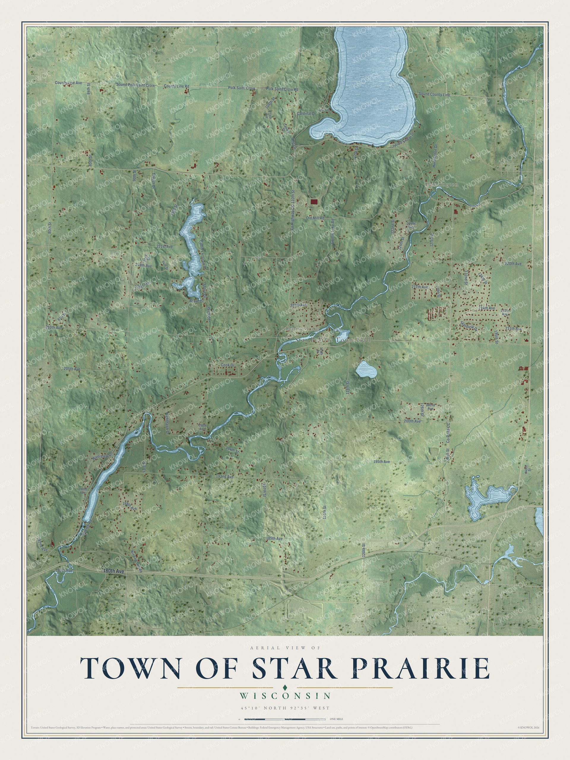 Full map of Star Prairie, Wisconsin, with red buildings, printed street names and the land around them