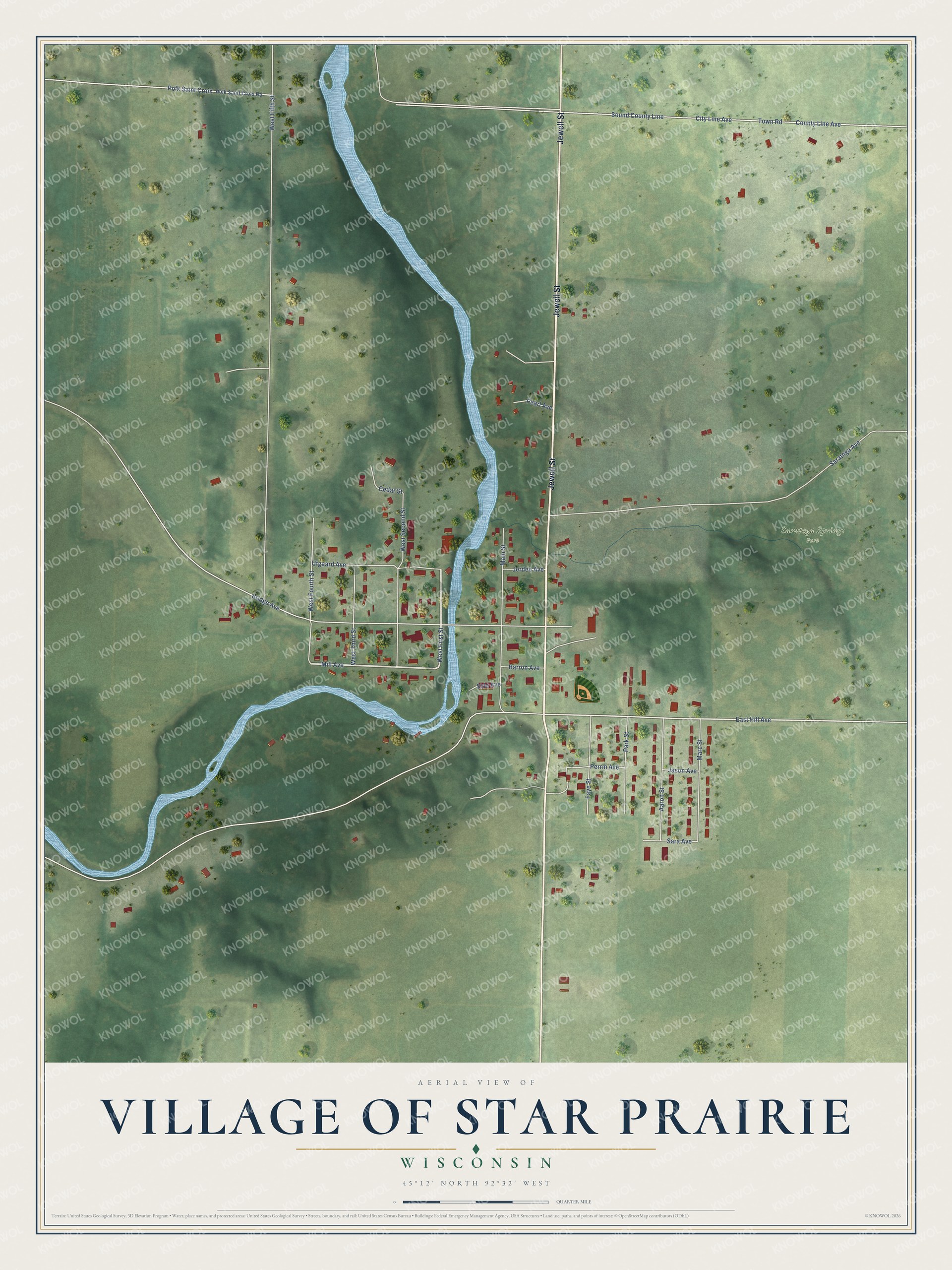 Full map of Star Prairie, Wisconsin, with red buildings, printed street names and the land around them