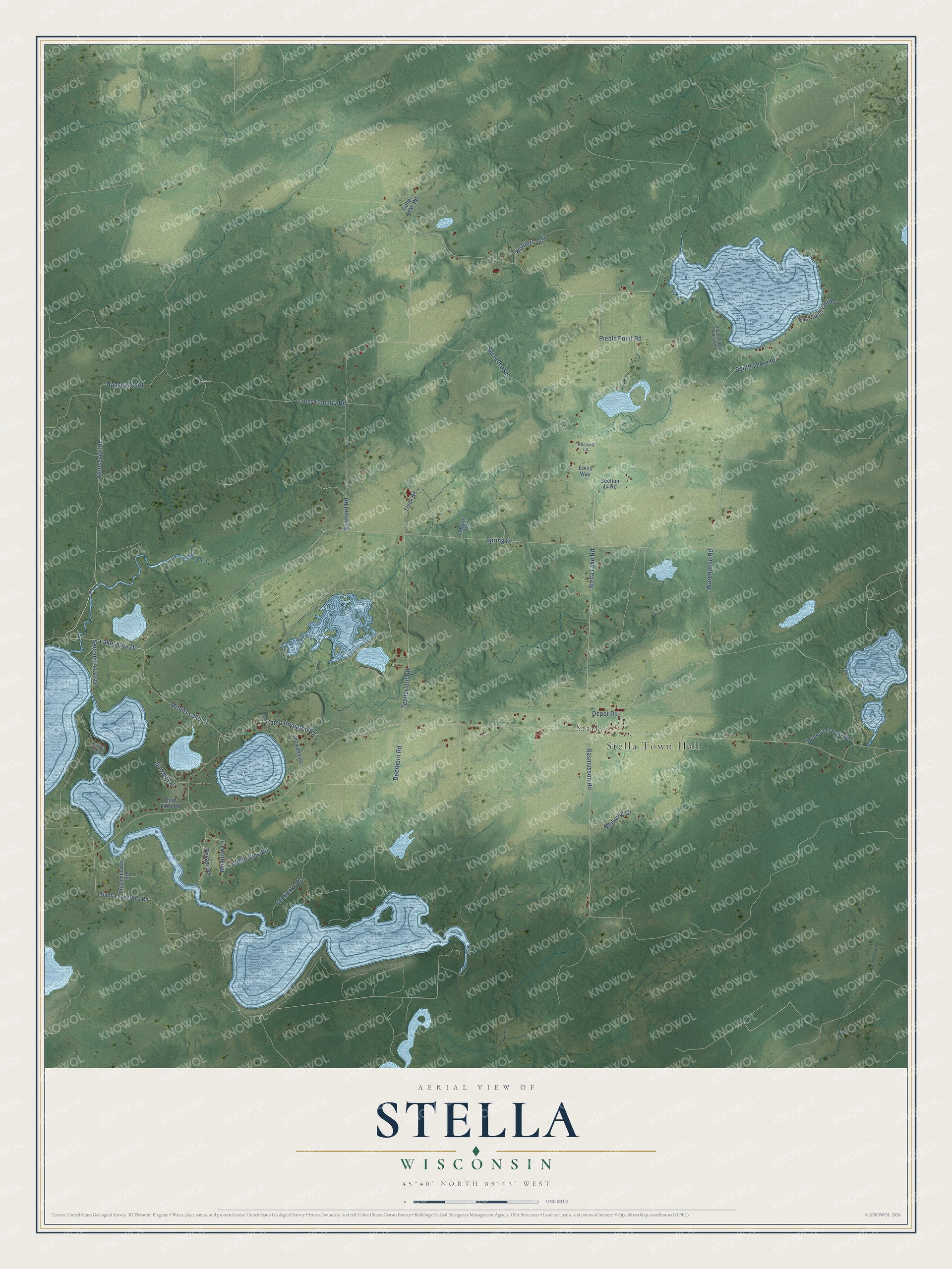 Full map of Stella, Wisconsin, with red buildings, printed street names and the land around them