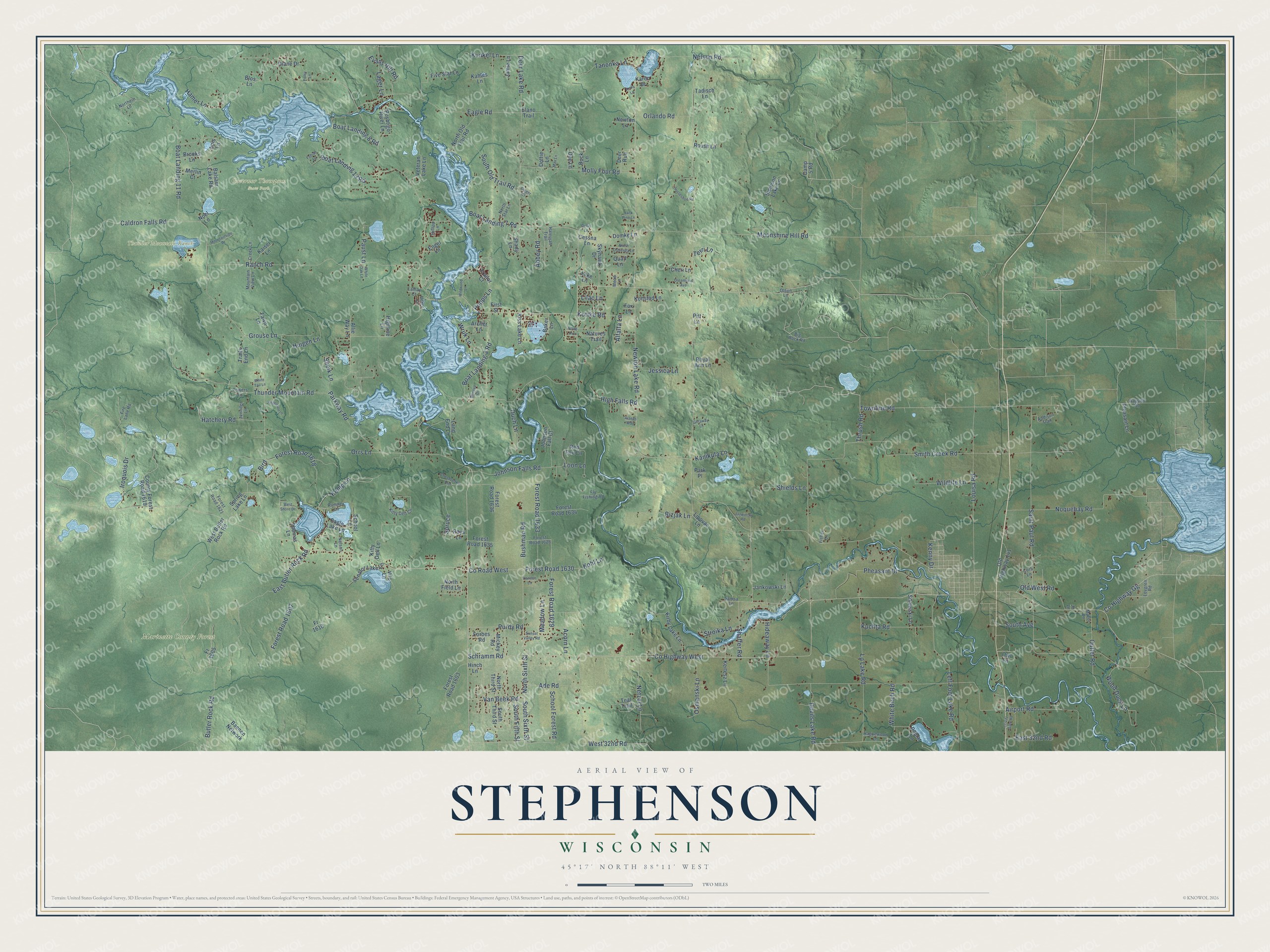 Full map of Stephenson, Wisconsin, with red buildings, printed street names and the land around them